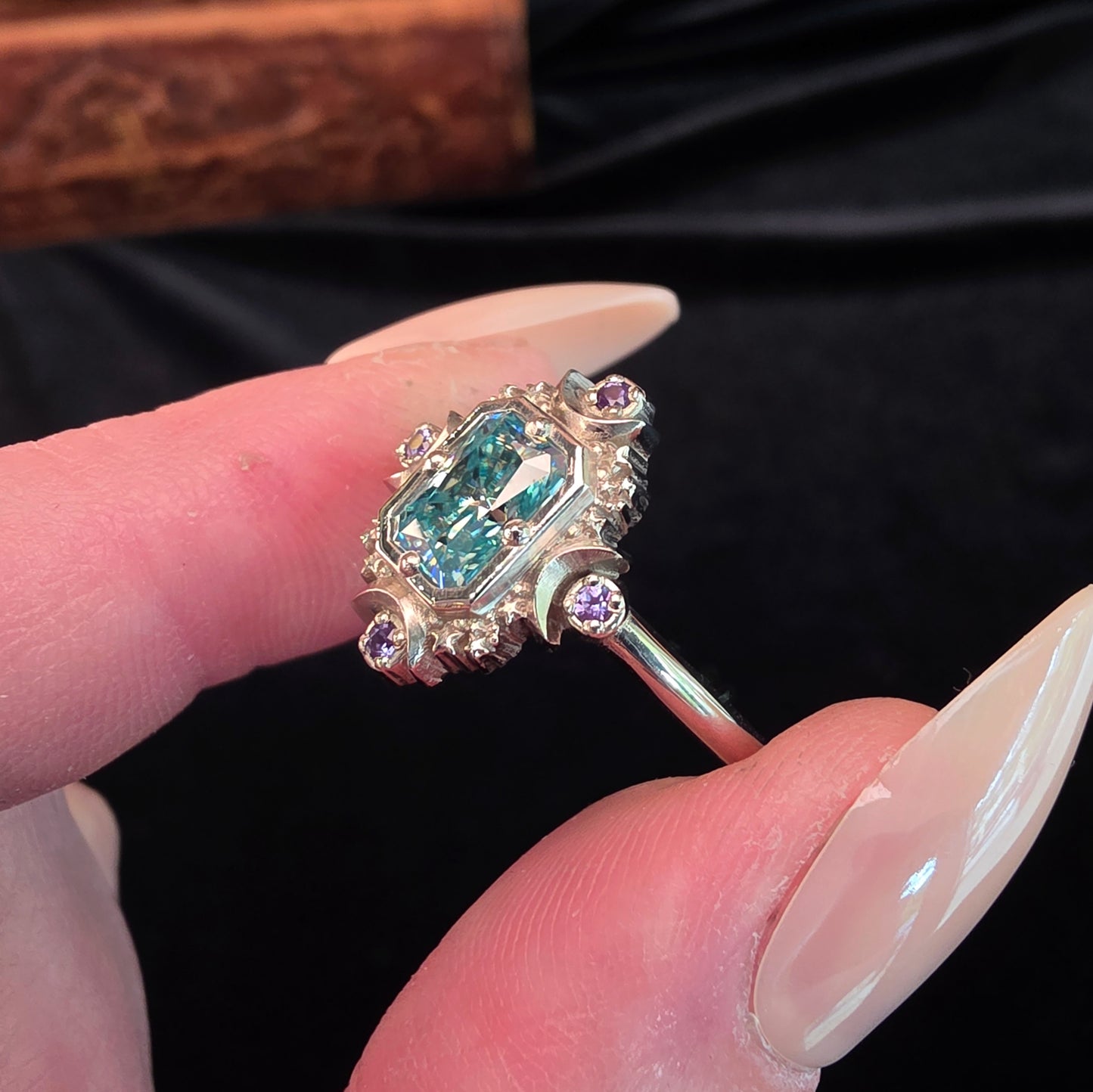 blue green moissanite ring with stars and moons white gold celestial alexandrite image 7