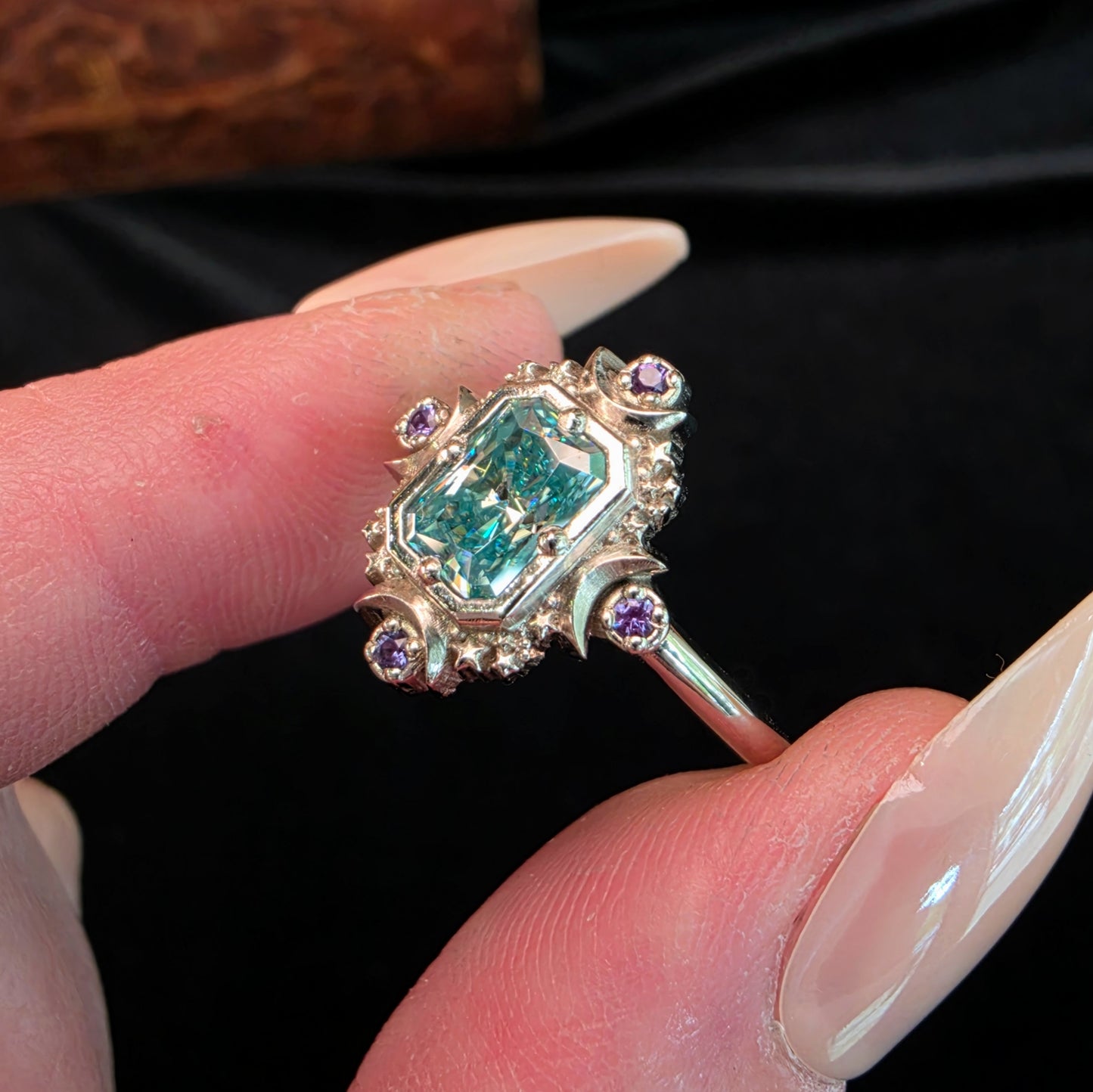 blue green moissanite ring with stars and moons white gold celestial alexandrite image 6