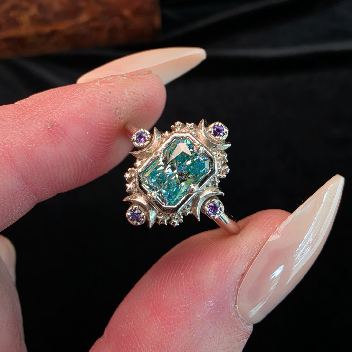 blue green moissanite ring with stars and moons white gold celestial alexandrite image 5