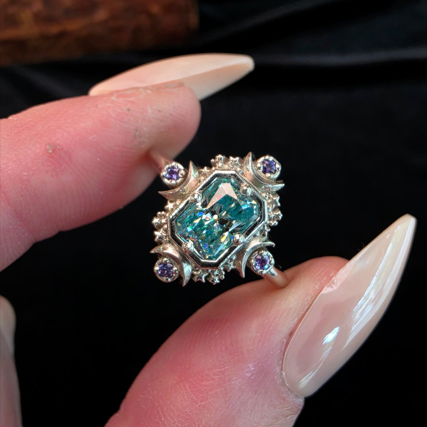 blue green moissanite ring with stars and moons white gold celestial alexandrite image 2