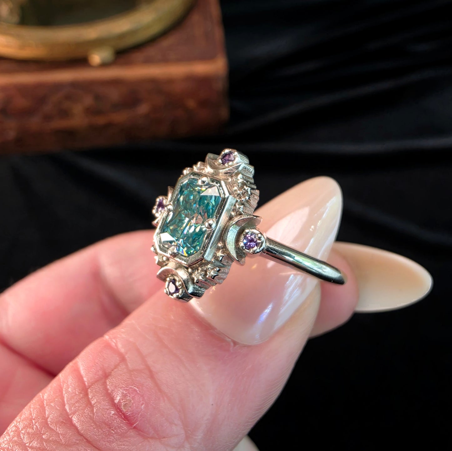 blue green moissanite ring with stars and moons white gold celestial alexandrite image 4