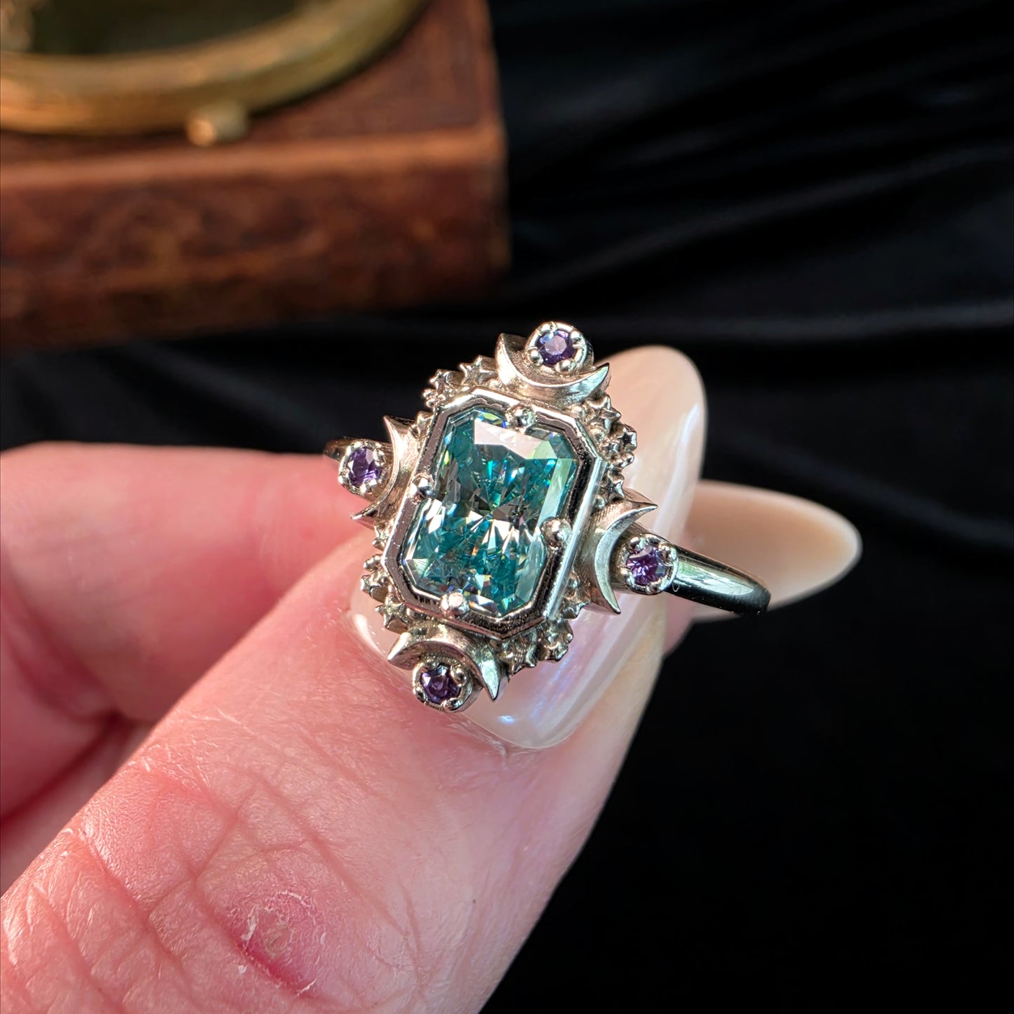 blue green moissanite ring with stars and moons white gold celestial alexandrite image 3