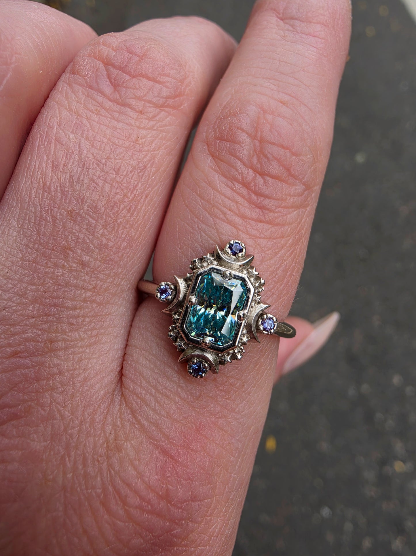 Ready to Ship Size 7-9 - Artemis Moon Ring with Seafoam Moissanite and Alexandrite