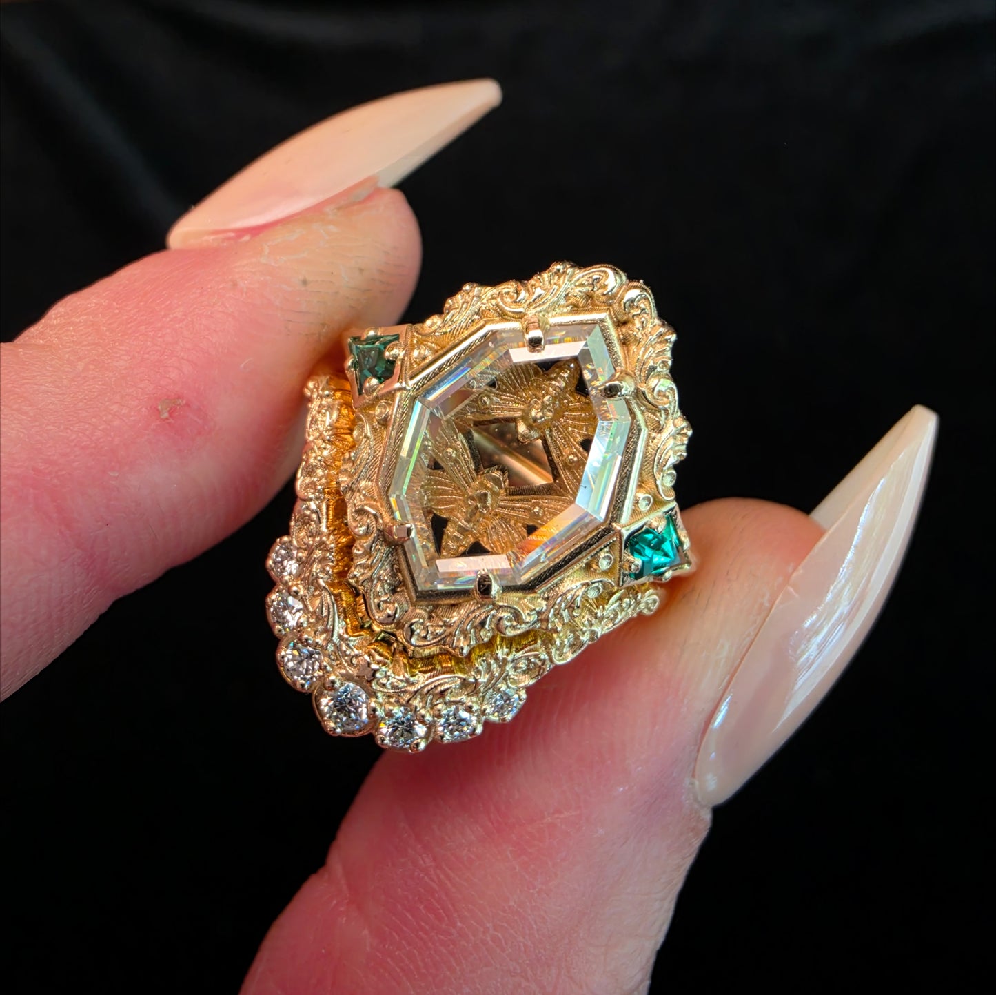 hawk moth gold ring with portrait cut moissanite emerald kites 14k yellow gold unusual gothic jewelry image 1