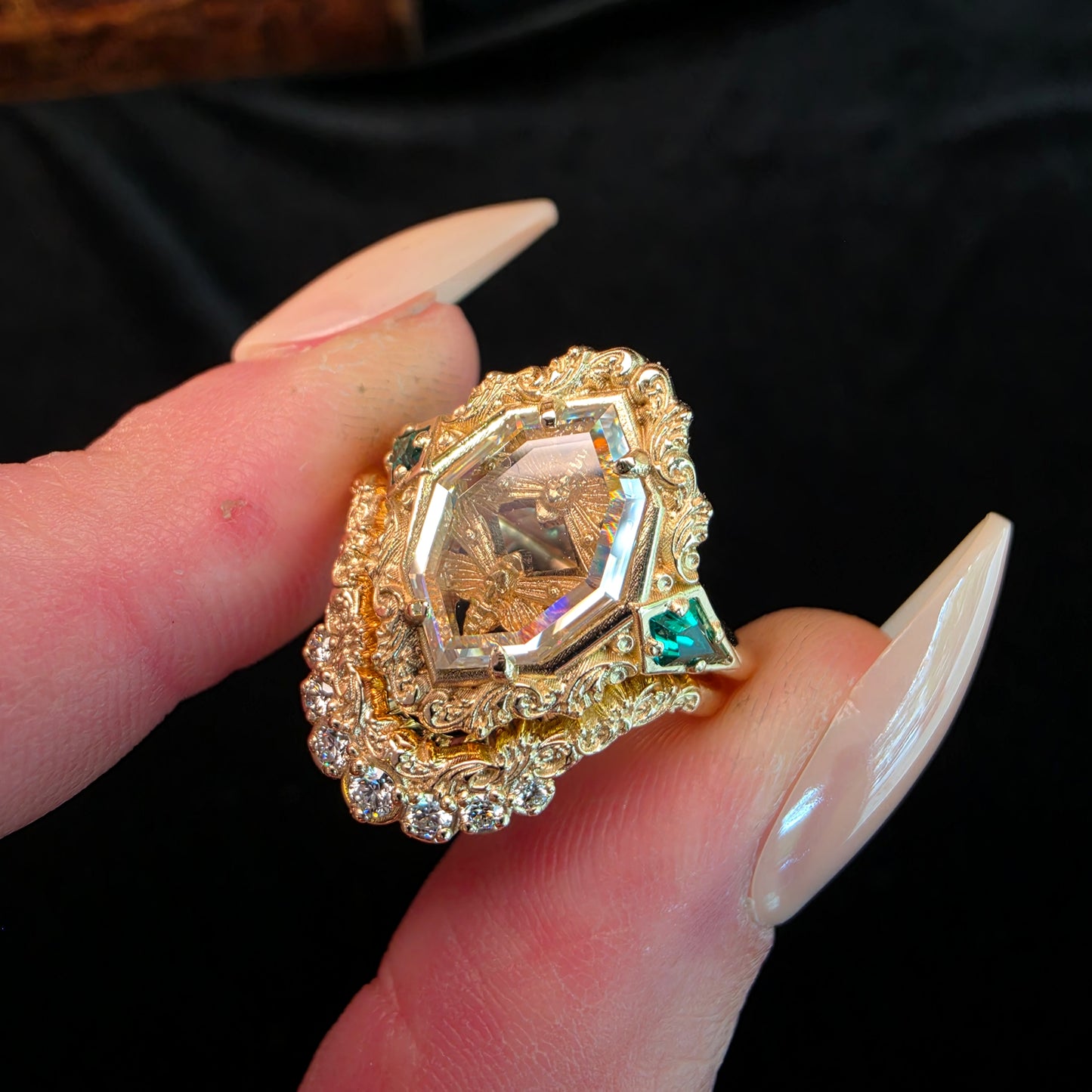 hawk moth gold ring with portrait cut moissanite emerald kites 14k yellow gold unusual gothic jewelry image 3