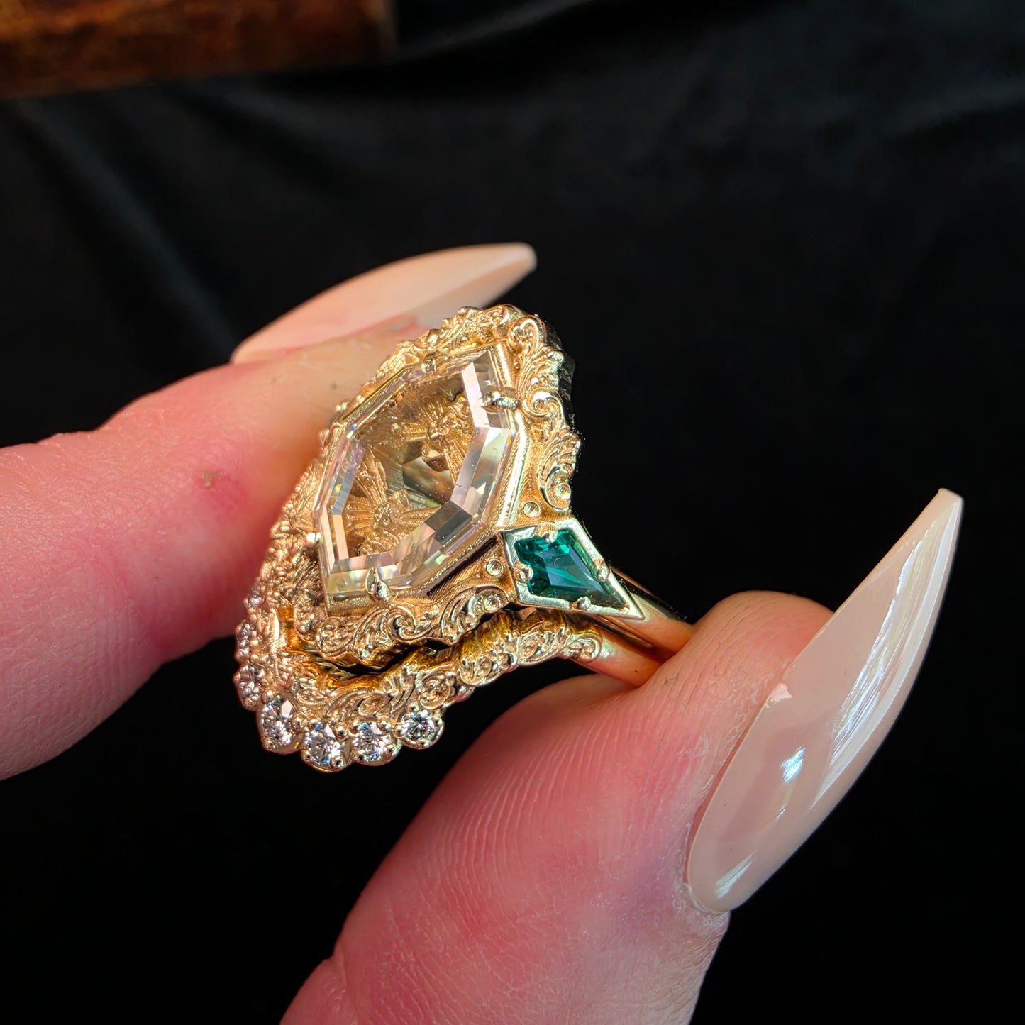 hawk moth gold ring with portrait cut moissanite emerald kites 14k yellow gold unusual gothic jewelry image 4