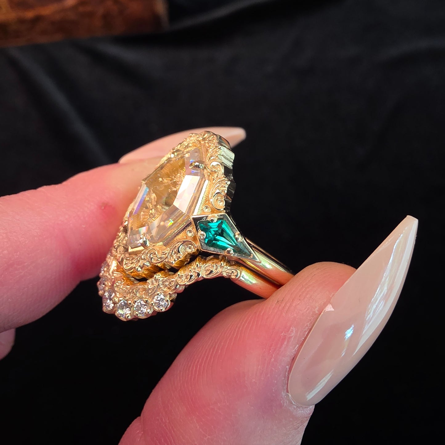 hawk moth gold ring with portrait cut moissanite emerald kites 14k yellow gold unusual gothic jewelry image 5