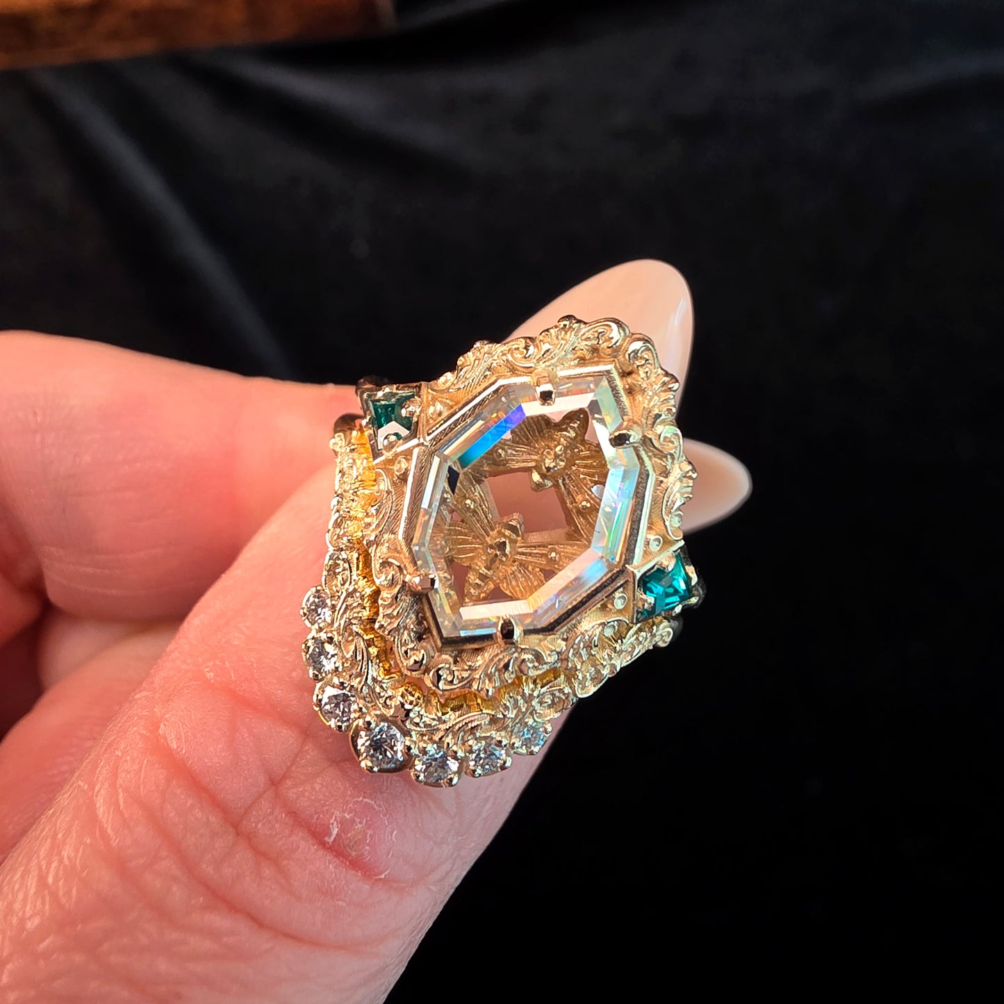 hawk moth gold ring with portrait cut moissanite emerald kites 14k yellow gold unusual gothic jewelry image 6