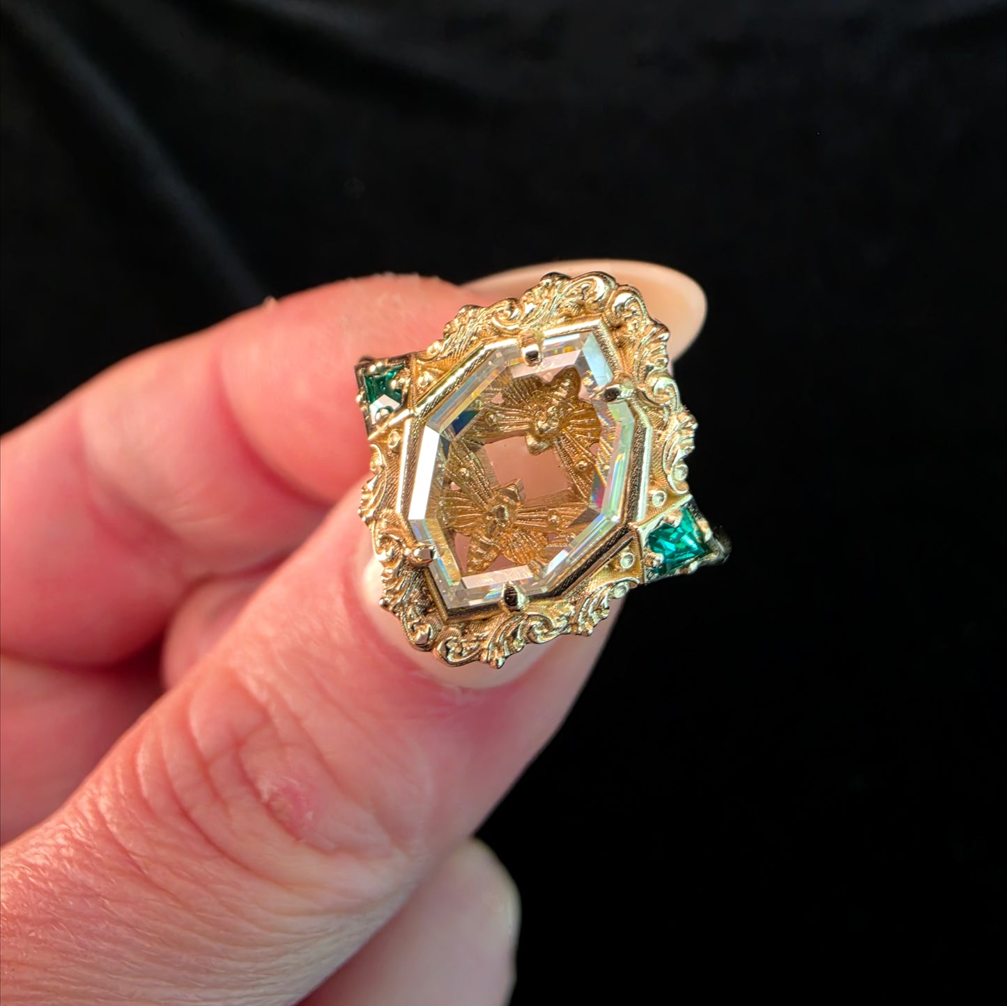 hawk moth gold ring with portrait cut moissanite emerald kites 14k yellow gold unusual gothic jewelry image 7