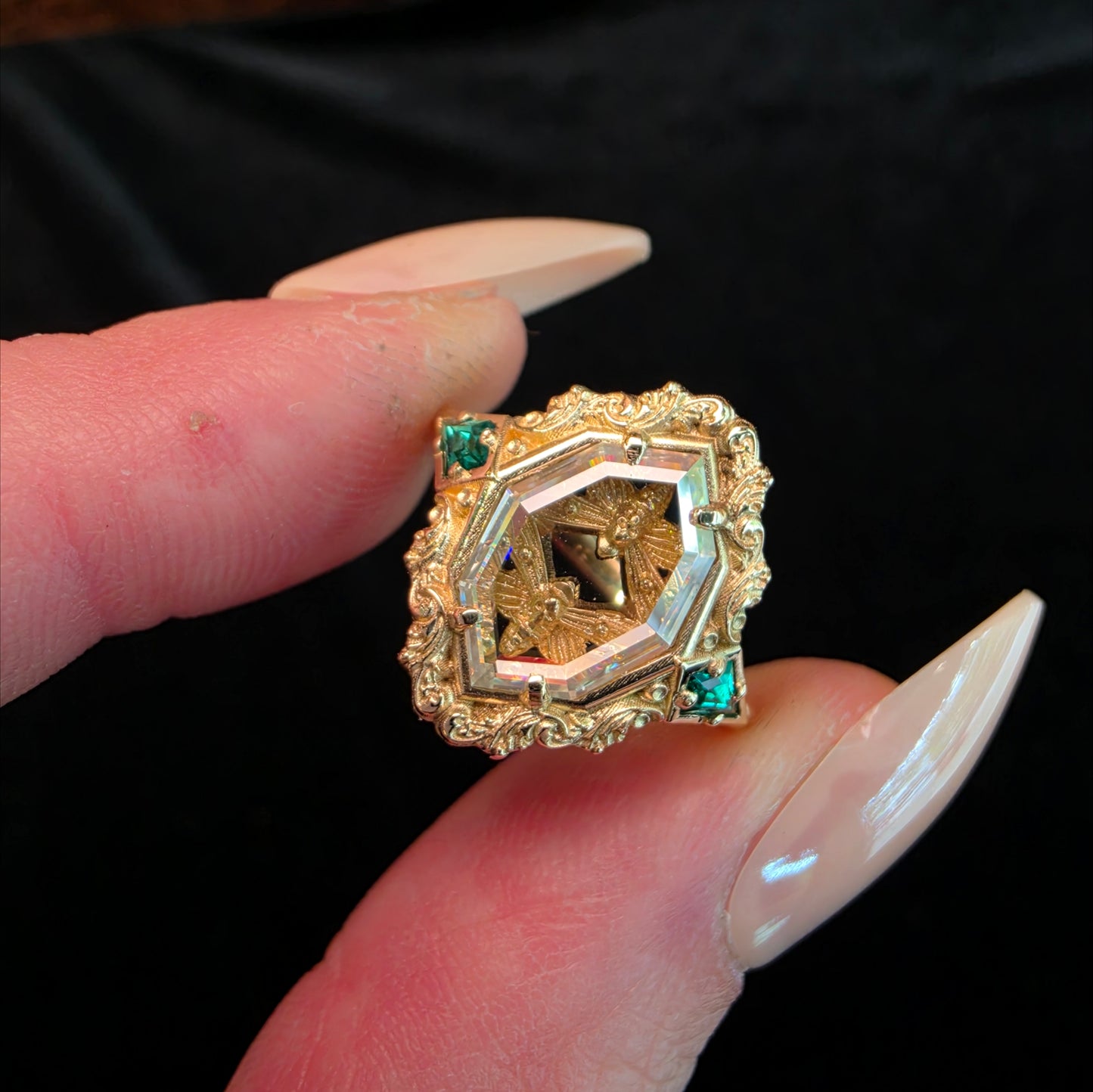 hawk moth gold ring with portrait cut moissanite emerald kites 14k yellow gold unusual gothic jewelry image 2