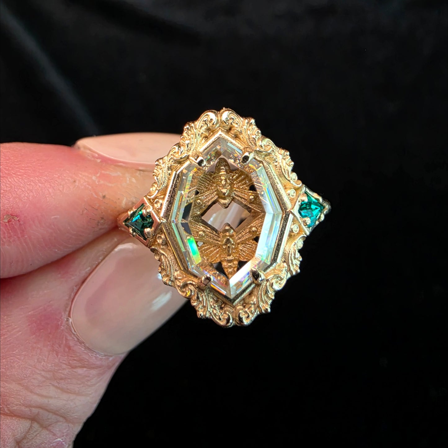 hawk moth gold ring with portrait cut moissanite emerald kites 14k yellow gold unusual gothic jewelry image 8
