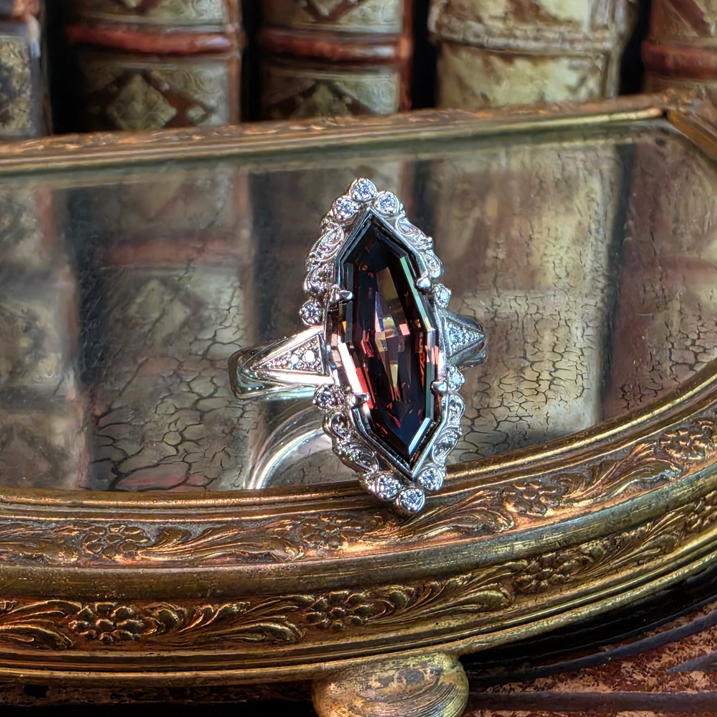 4 carat diamond ring champagne marquise engagement ring art deco baroque scroll vintage jewelry image 7