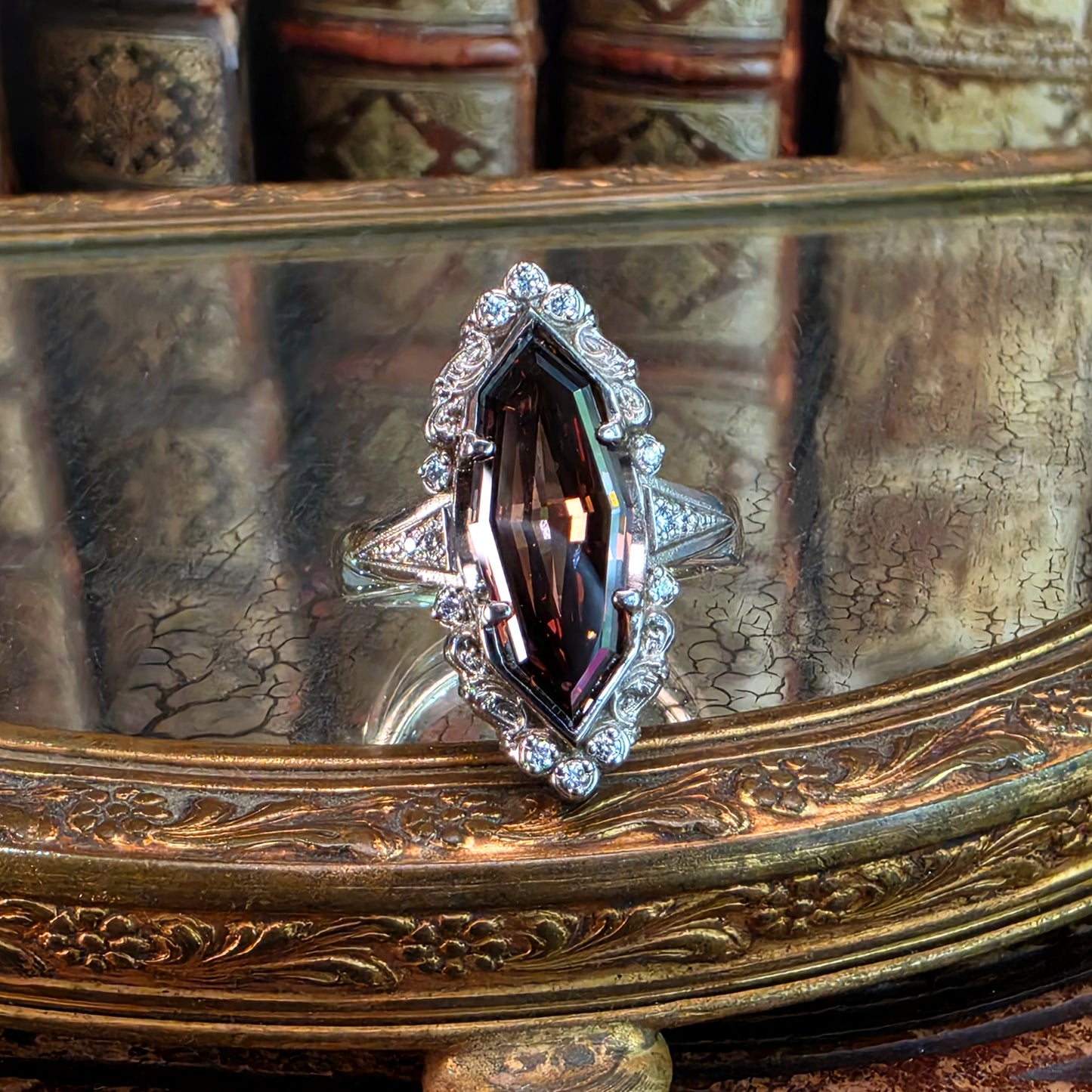 4 carat diamond ring champagne marquise engagement ring art deco baroque scroll vintage jewelry image 6