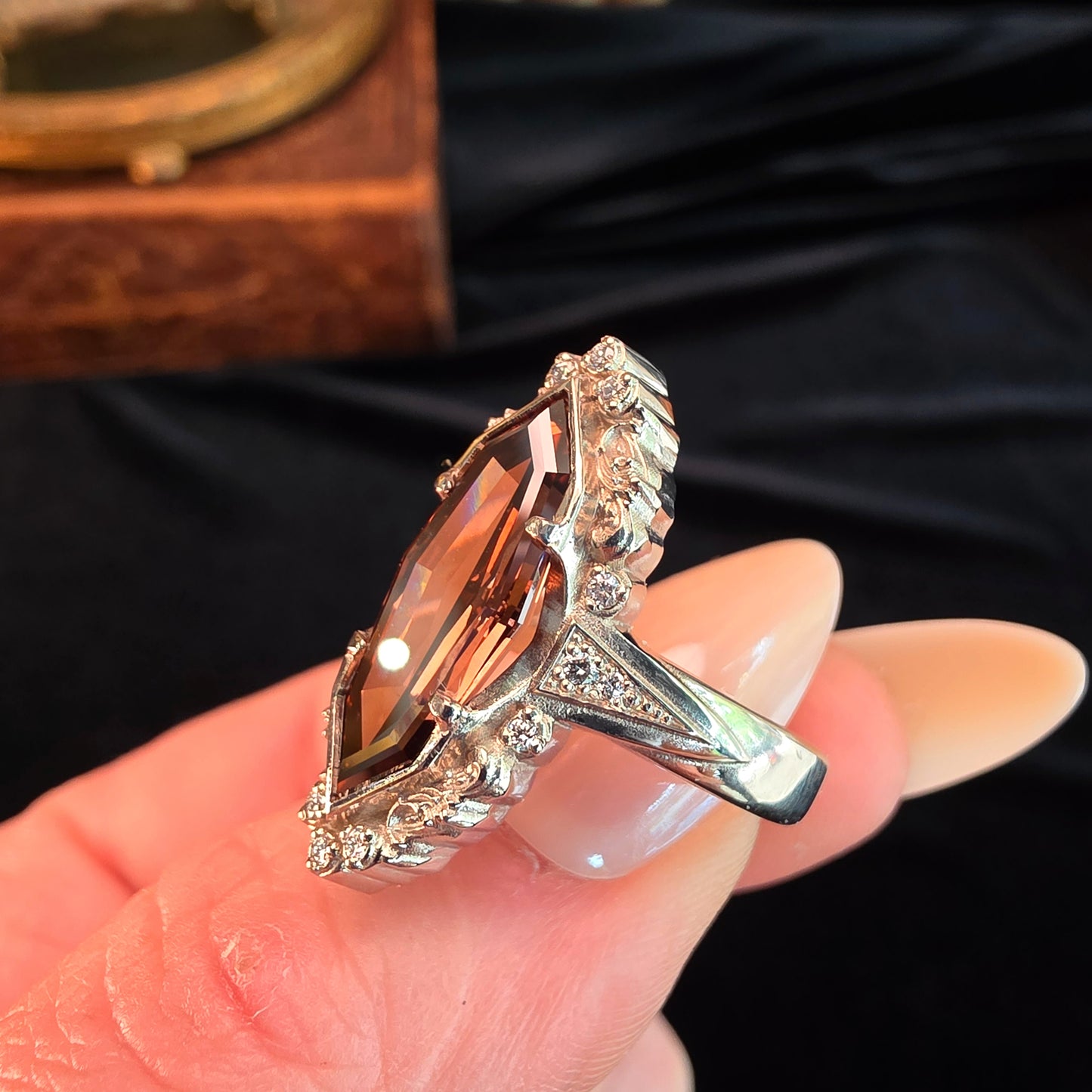 4 carat diamond ring champagne marquise engagement ring art deco baroque scroll vintage jewelry image 5