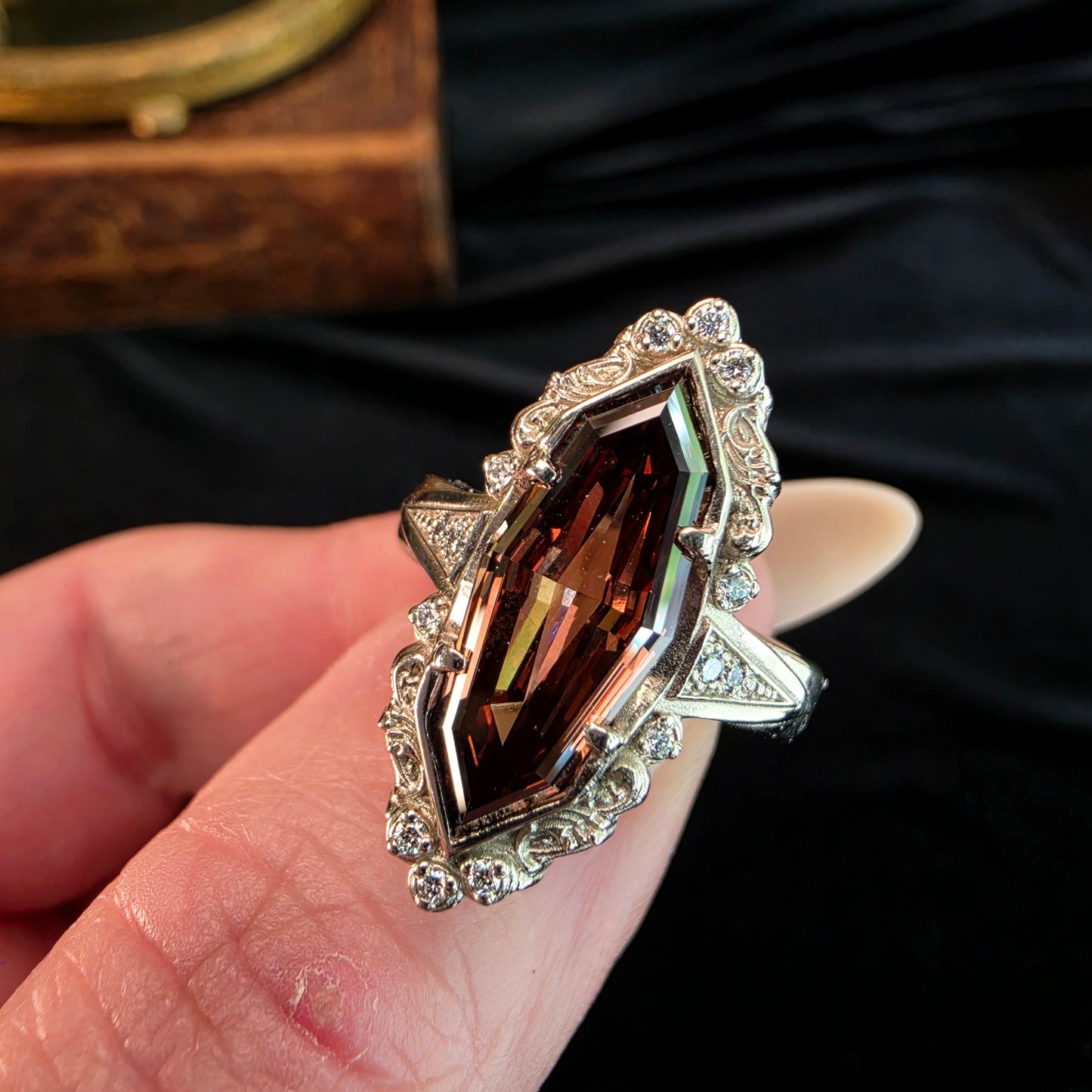 4 carat diamond ring champagne marquise engagement ring art deco baroque scroll vintage jewelry image 3