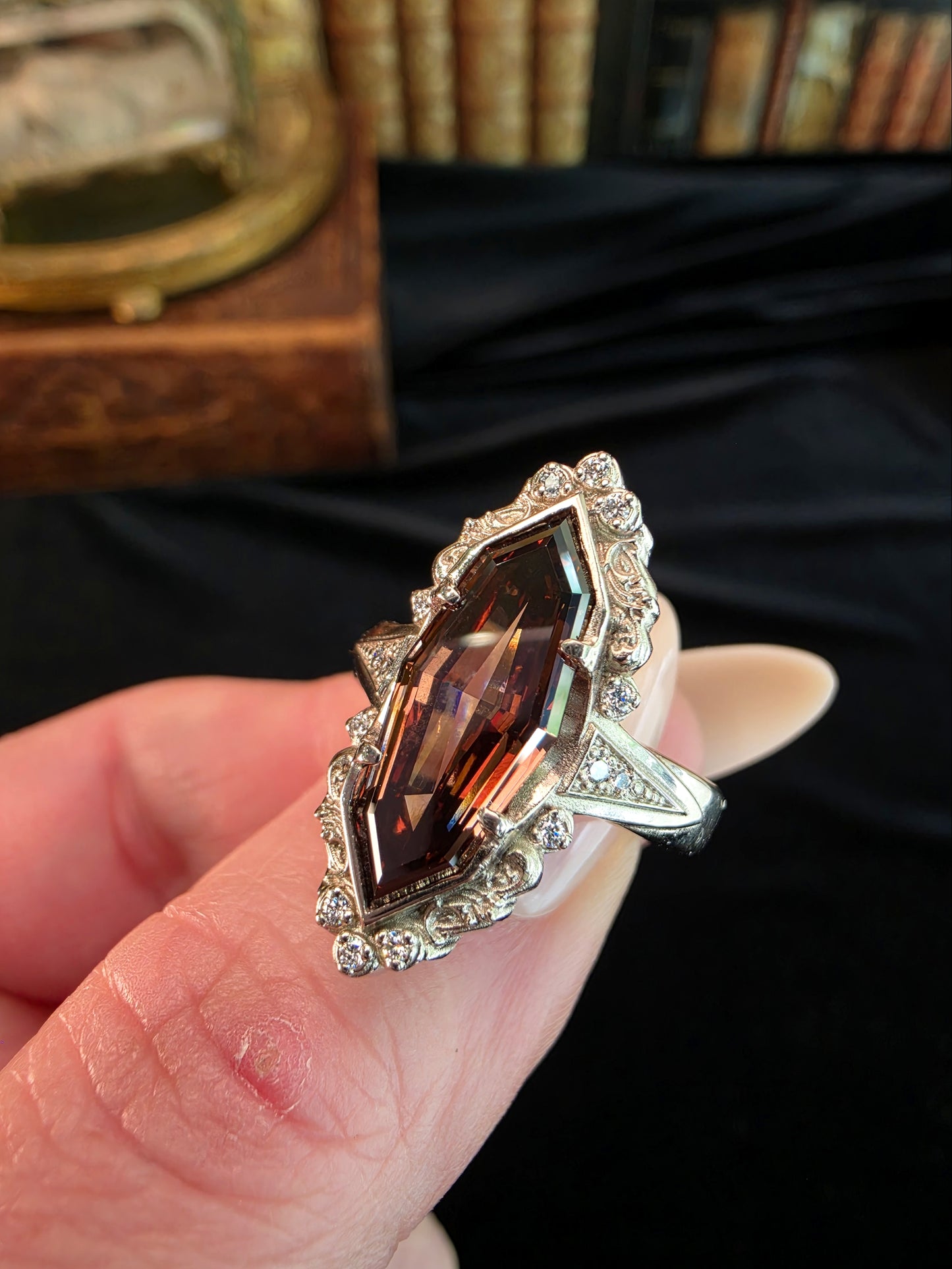 4 carat diamond ring champagne marquise engagement ring art deco baroque scroll vintage jewelry image 4