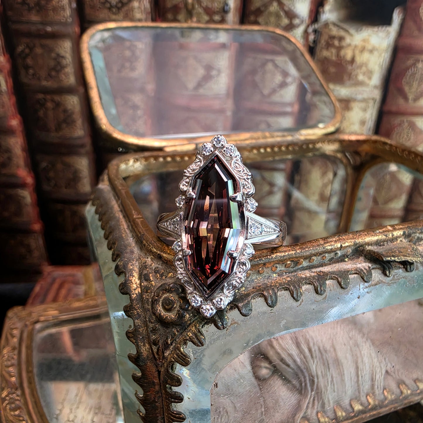 4 carat diamond ring champagne marquise engagement ring art deco baroque scroll vintage jewelry image 8