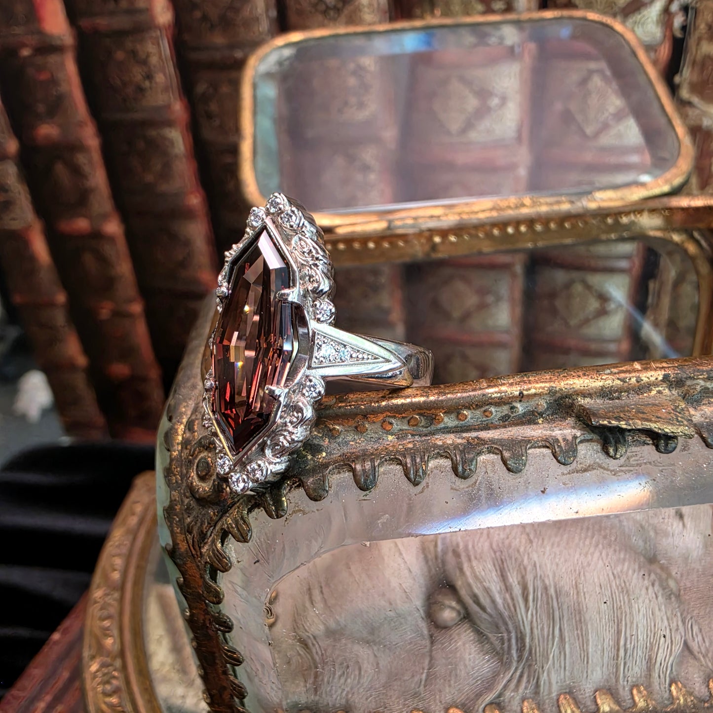 4 carat diamond ring champagne marquise engagement ring art deco baroque scroll vintage jewelry image 9