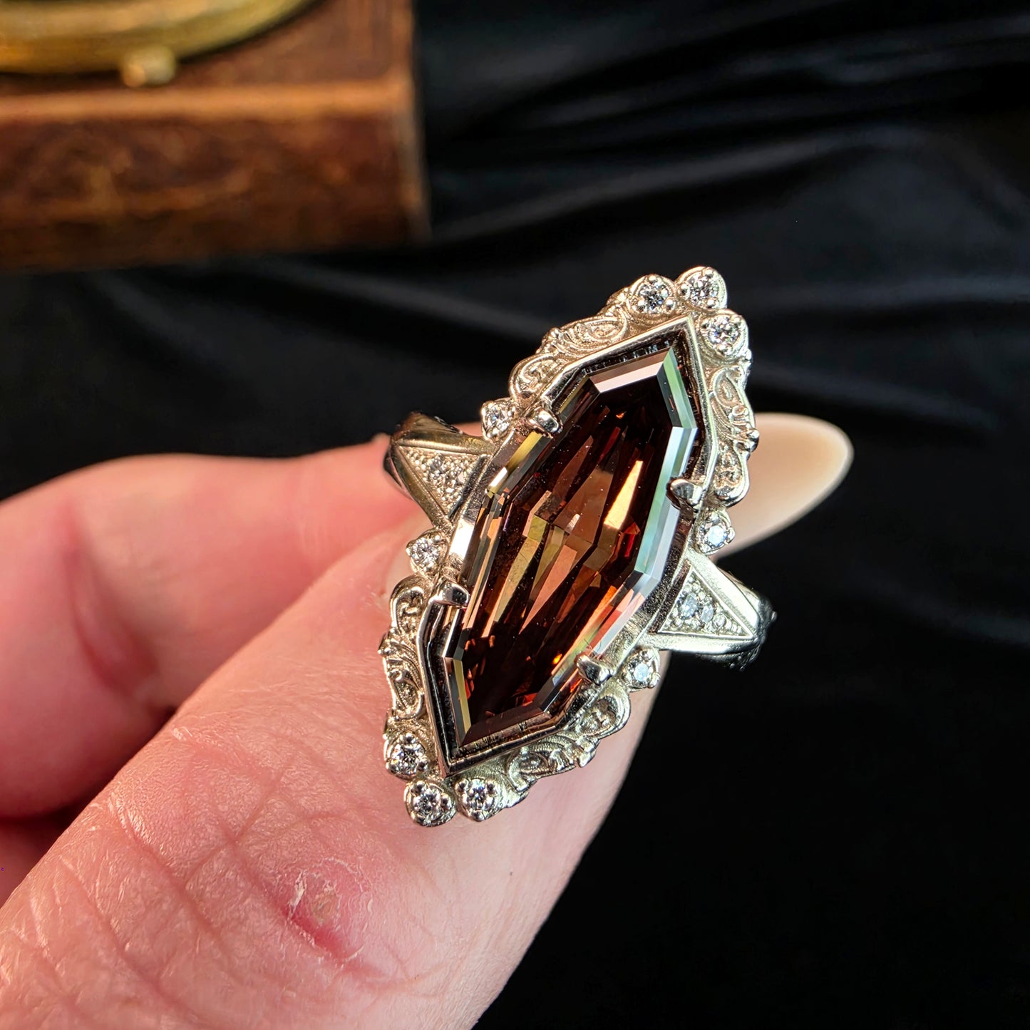 4 carat diamond ring champagne marquise engagement ring art deco baroque scroll vintage jewelry image 2