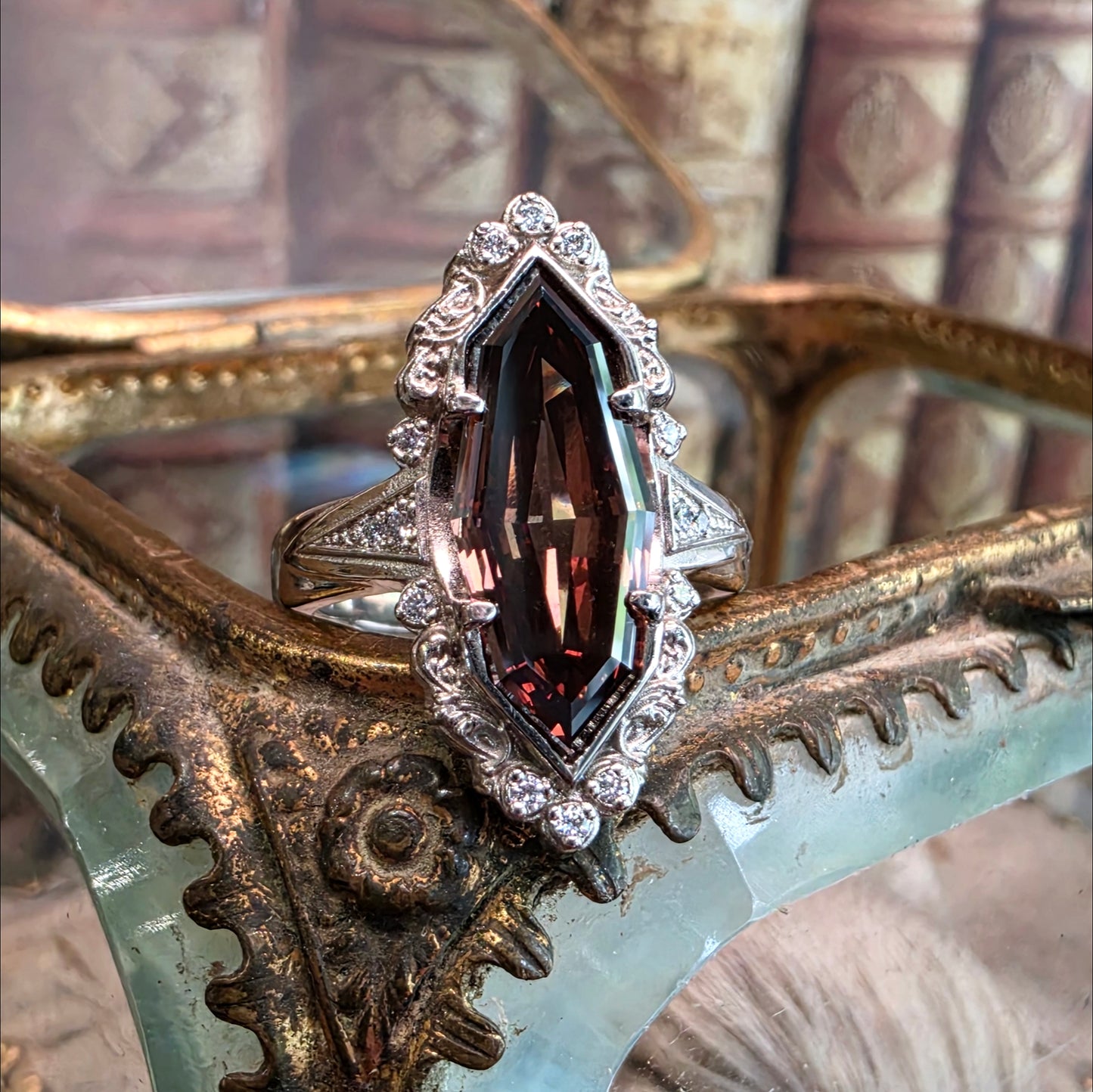 4 carat diamond ring champagne marquise engagement ring art deco baroque scroll vintage jewelry image 1