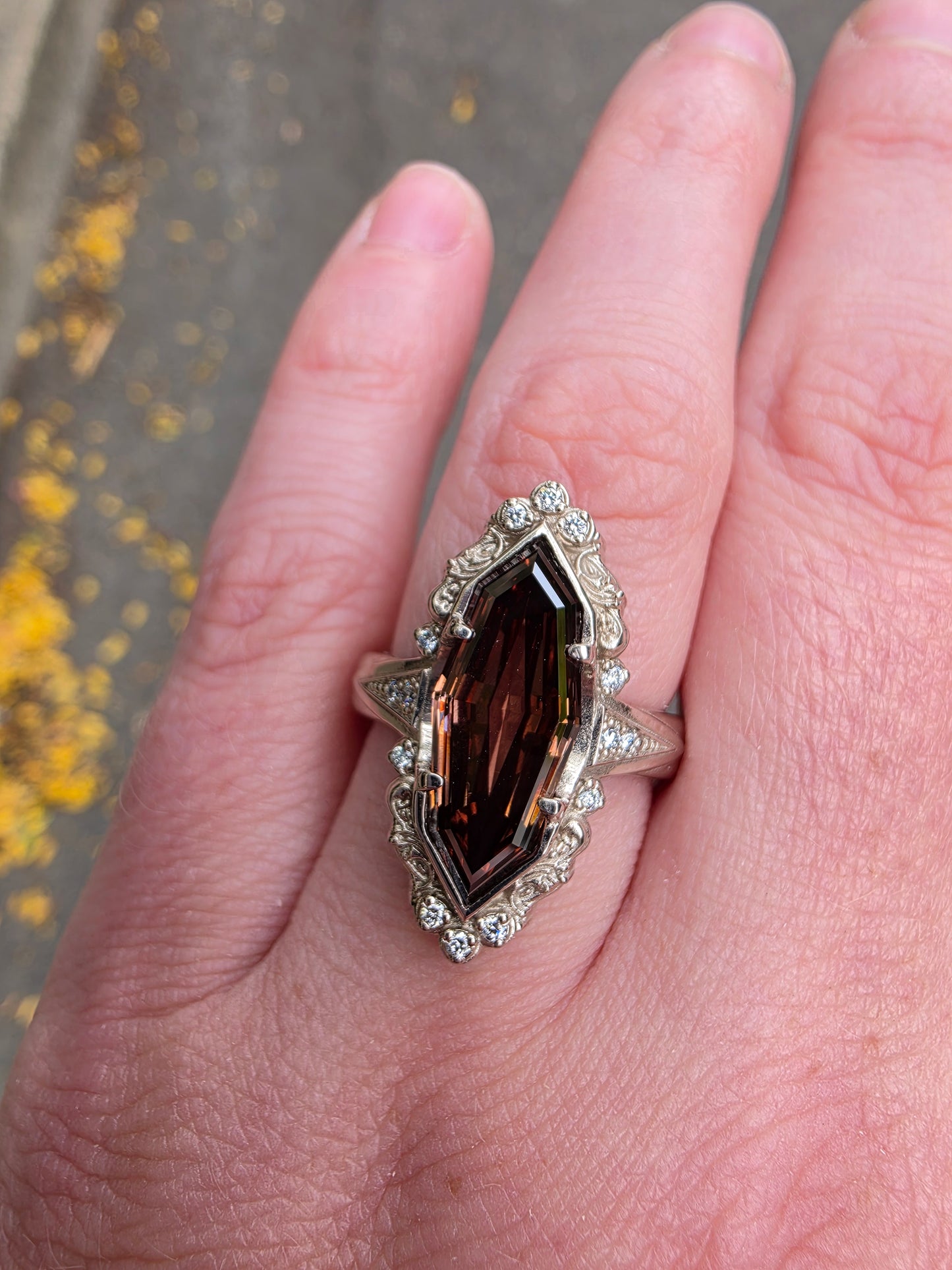 Ready to Ship Size 6-8 Art Deco Champagne Step Cut Marquise Diamond Wide Band Ring