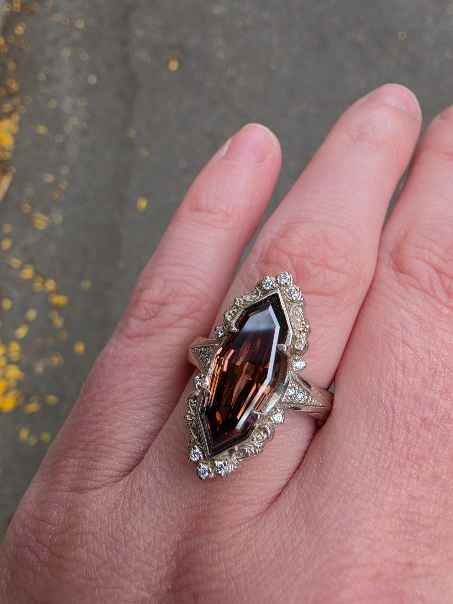 Ready to Ship Size 6-8 Art Deco Champagne Step Cut Marquise Diamond Wide Band Ring