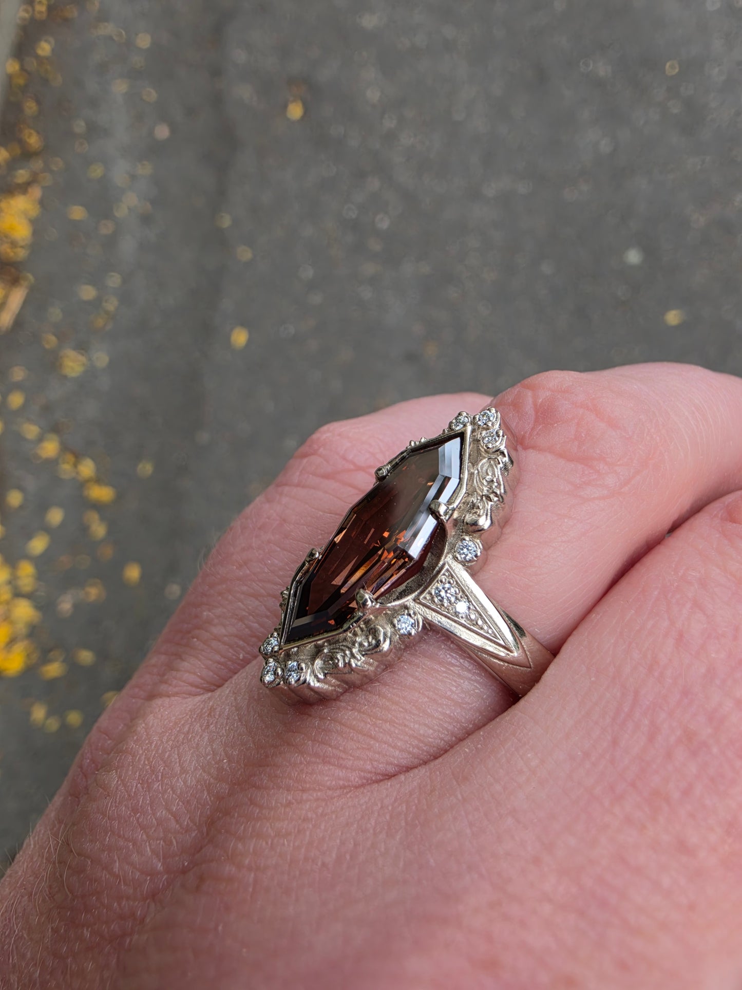 Ready to Ship Size 6-8 Art Deco Champagne Step Cut Marquise Diamond Wide Band Ring