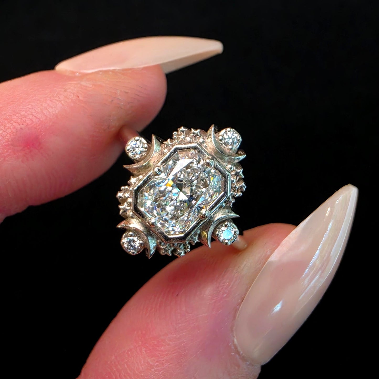 Emerald Cut Artemis Moon Engagement Ring with Radiant Cut Moissanite - Celestial Goddess Engagement