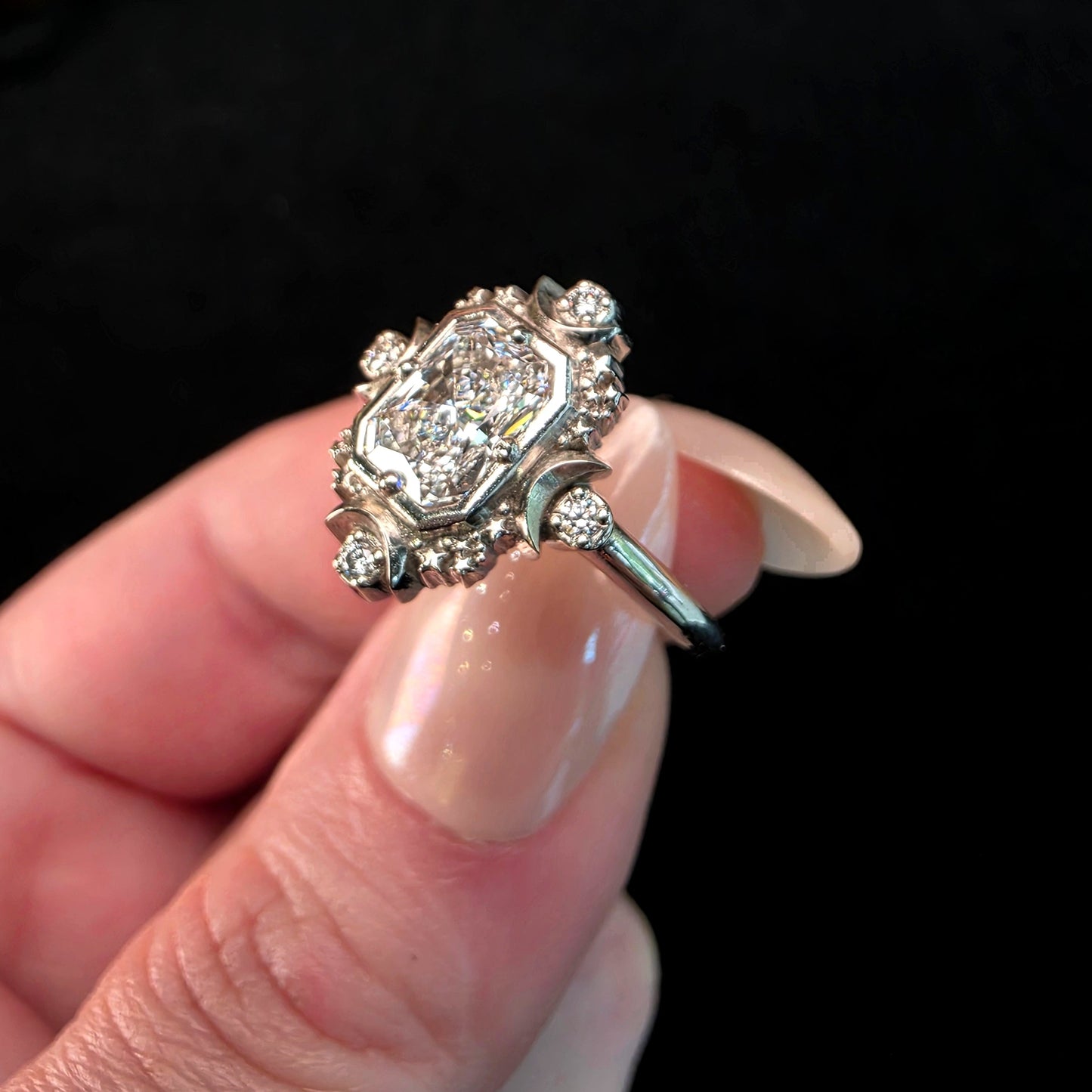 Emerald Cut Artemis Moon Engagement Ring with Radiant Cut Moissanite - Celestial Goddess Engagement