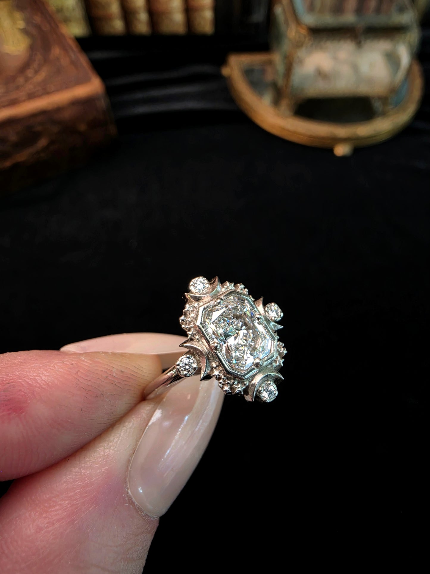 Emerald Cut Artemis Moon Engagement Ring with Radiant Cut Moissanite - Celestial Goddess Engagement