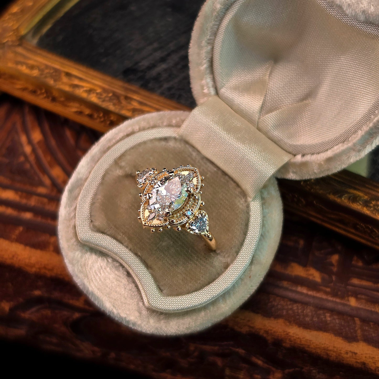 oval 4 prong engagement ring heart marquise diamonds victorian ornate unique vintage inspired 14k gold handcrafted jewelry image 9