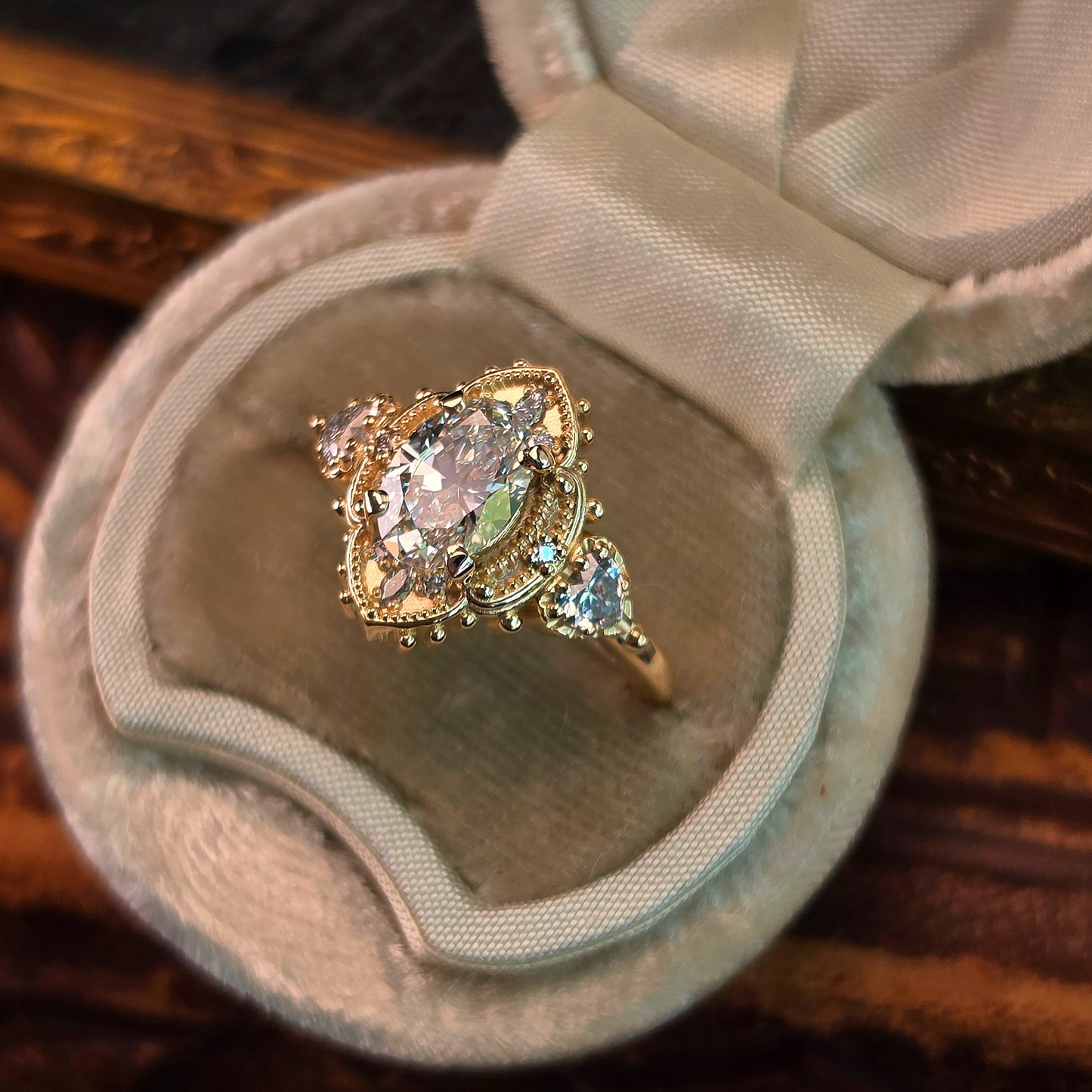 oval 4 prong engagement ring heart marquise diamonds victorian ornate unique vintage inspired 14k gold handcrafted jewelry image 8