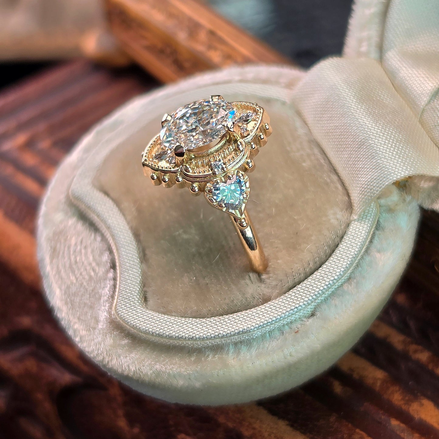 oval 4 prong engagement ring heart marquise diamonds victorian ornate unique vintage inspired 14k gold handcrafted jewelry image 8