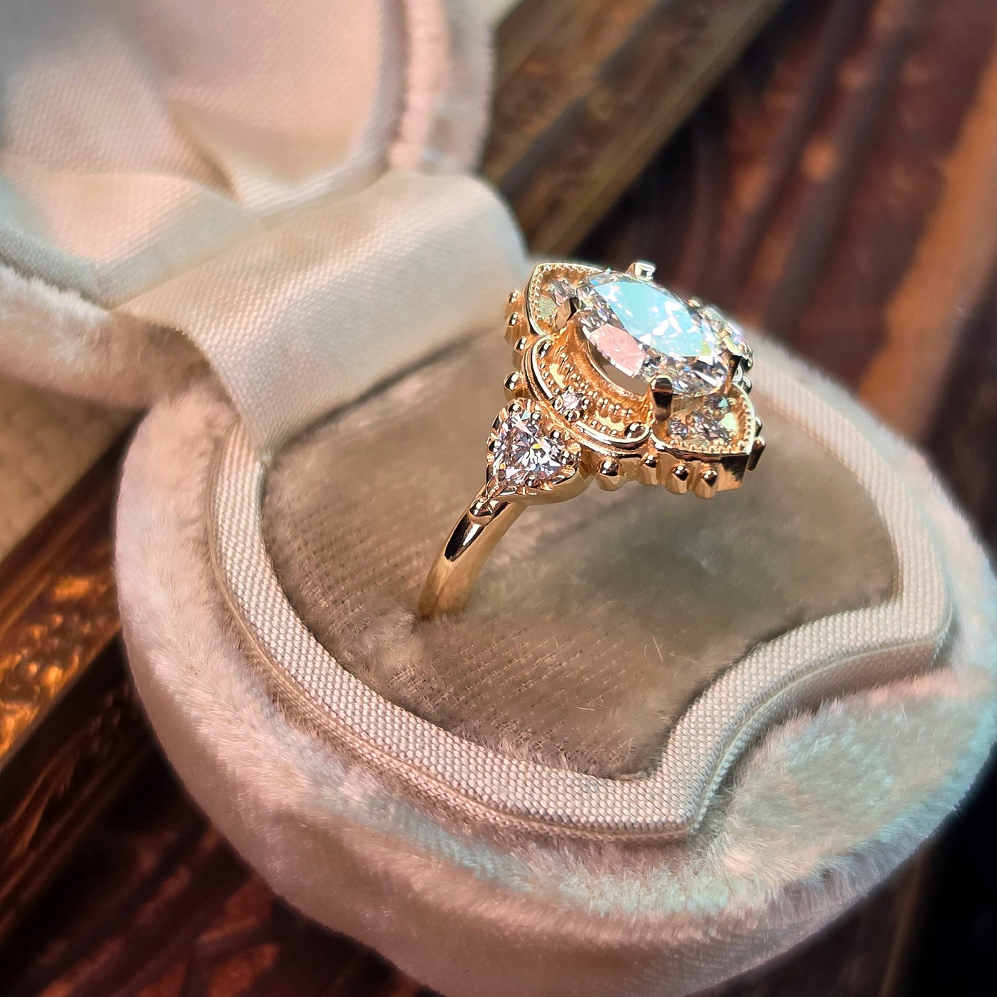 oval 4 prong engagement ring heart marquise diamonds victorian ornate unique vintage inspired 14k gold handcrafted jewelry image 7