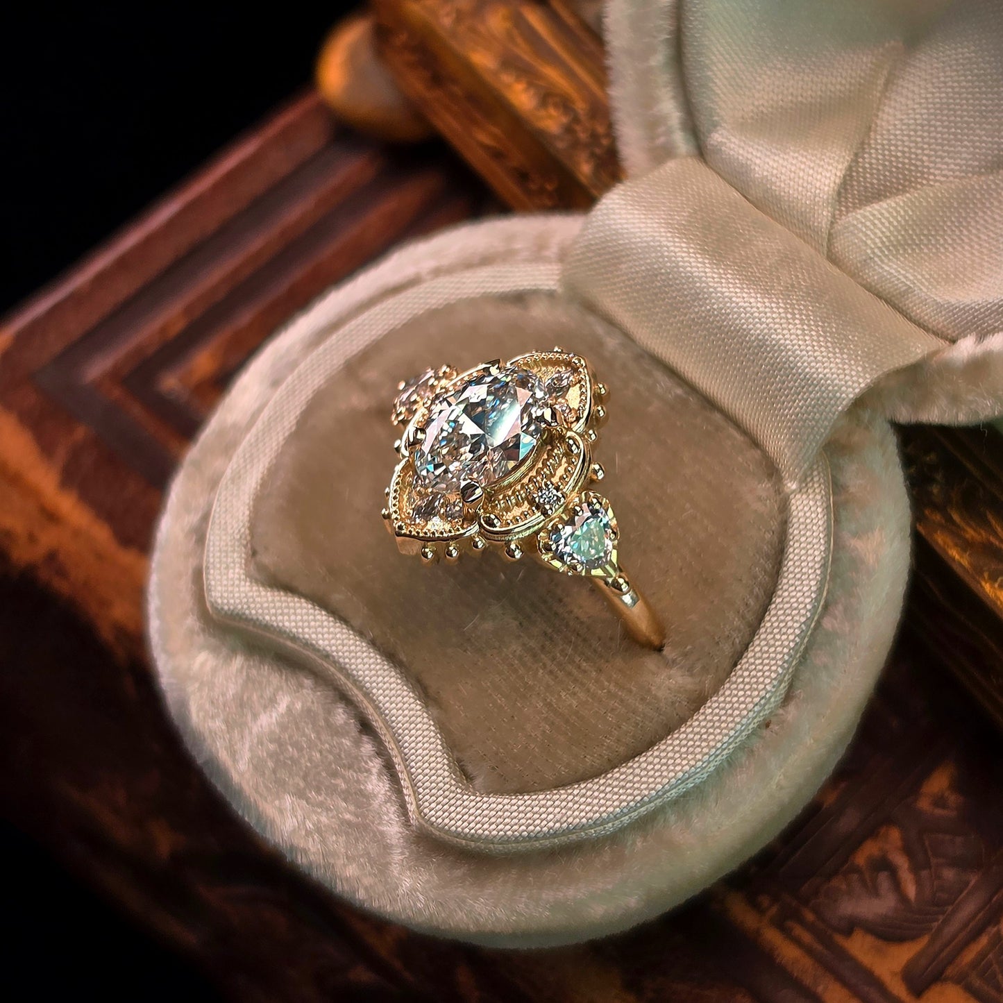 oval 4 prong engagement ring heart marquise diamonds victorian ornate unique vintage inspired 14k gold handcrafted jewelry image 5