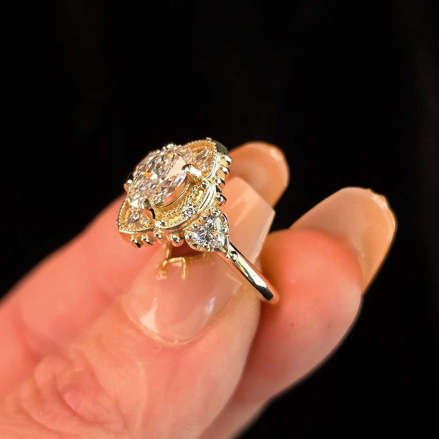 oval 4 prong engagement ring heart marquise diamonds victorian ornate unique vintage inspired 14k gold handcrafted jewelry image 4
