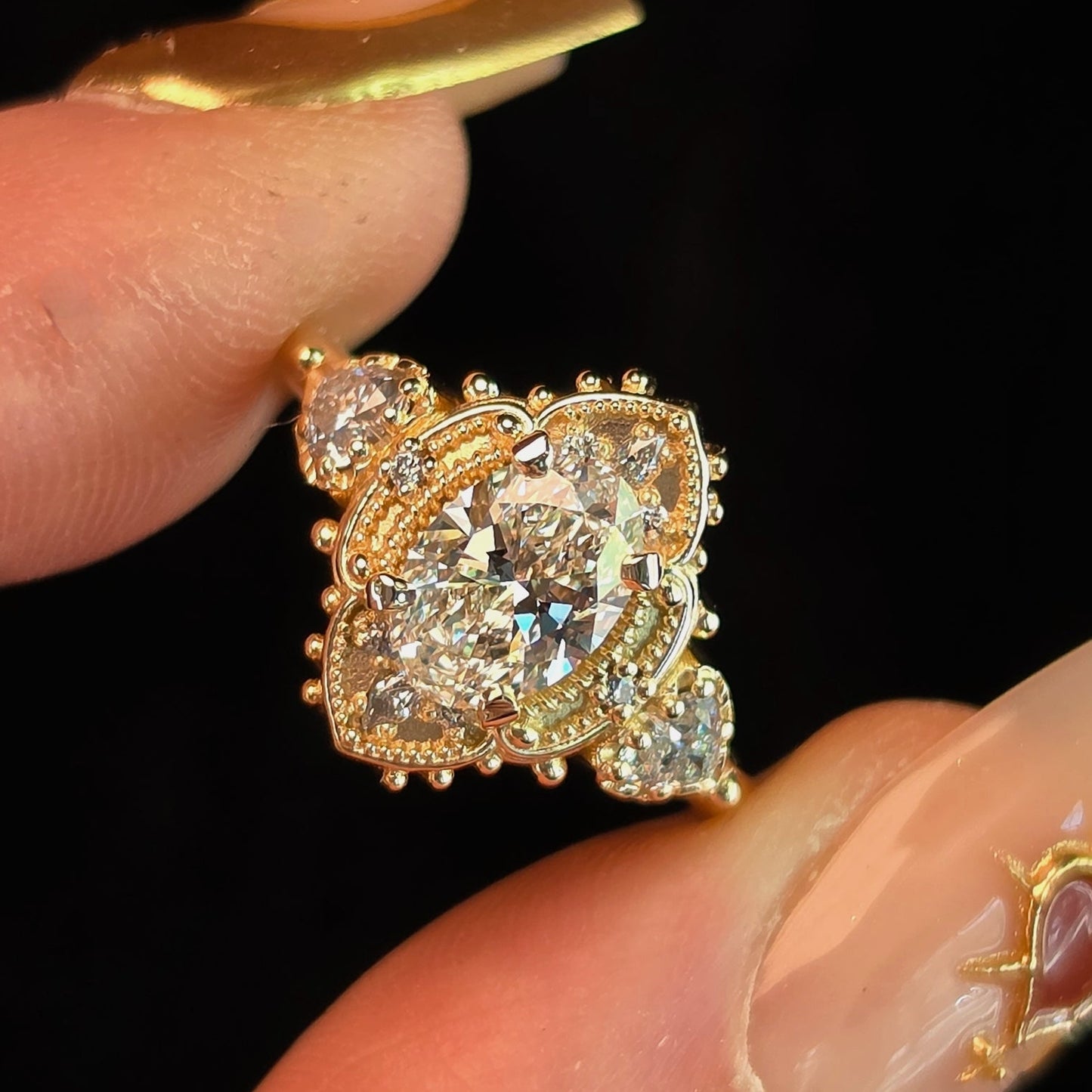 Ready to Ship Size 6-8 Juliet Oval Victorian Engagement Ring with Heart Diamonds
