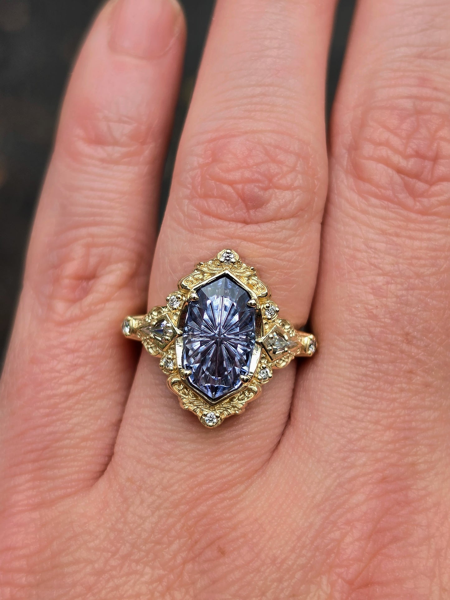 Ready to Ship Size 5-7 Fantasy Cut 3.10ct Blue Lab Sapphire Odessa with Kite Moissanite