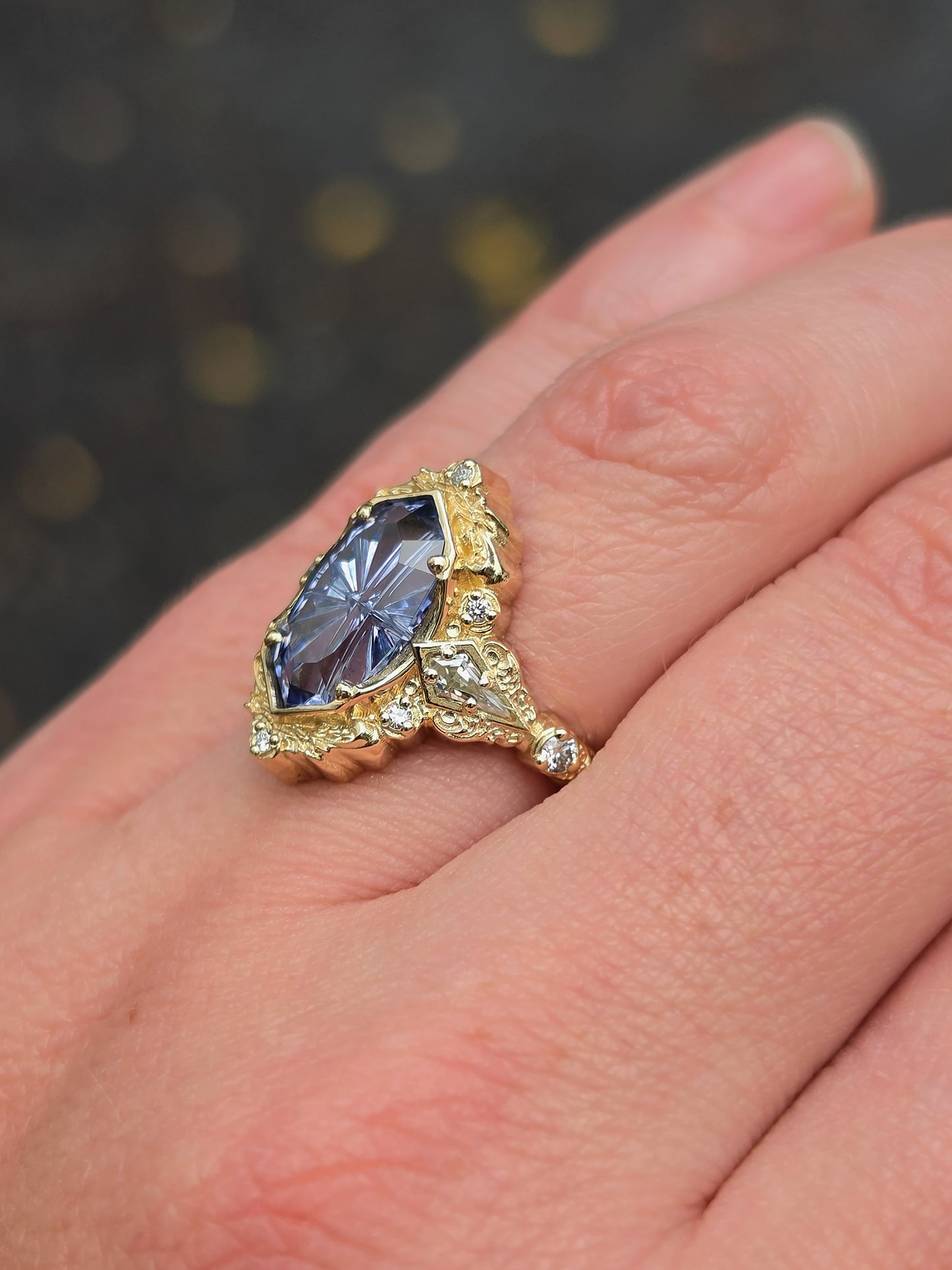 Ready to Ship Size 5-7 Fantasy Cut 3.10ct Blue Lab Sapphire Odessa with Kite Moissanite