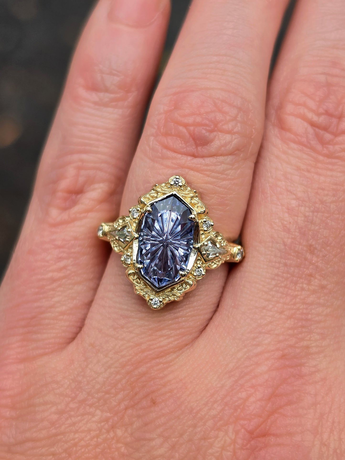 Ready to Ship Size 5-7 Fantasy Cut 3.10ct Blue Lab Sapphire Odessa with Kite Moissanite