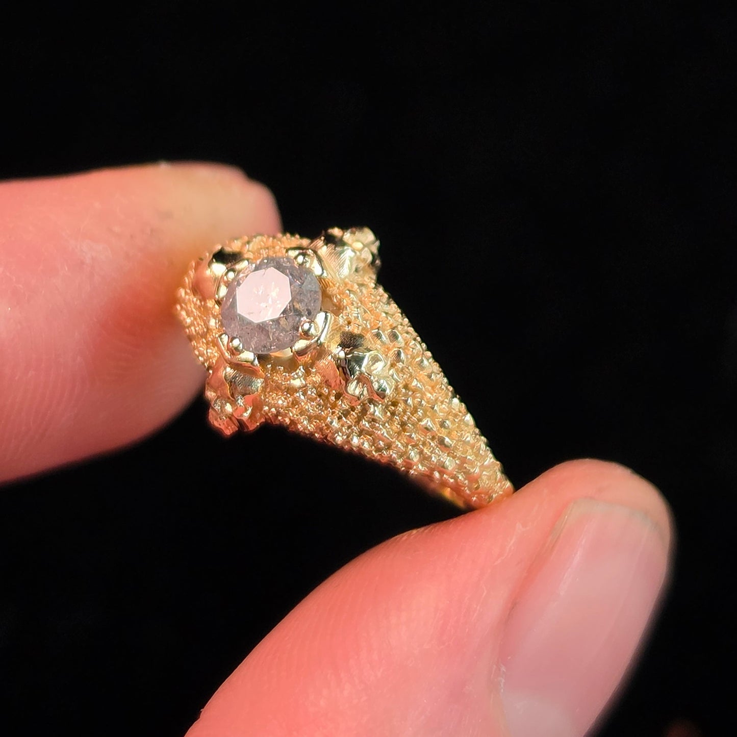 Ready to Ship Size 4.5-6.5 - Catacomb 4 Skull Salt and Pepper Diamond Solitaire Gothic Engagement Ring - 14k Yellow Gold