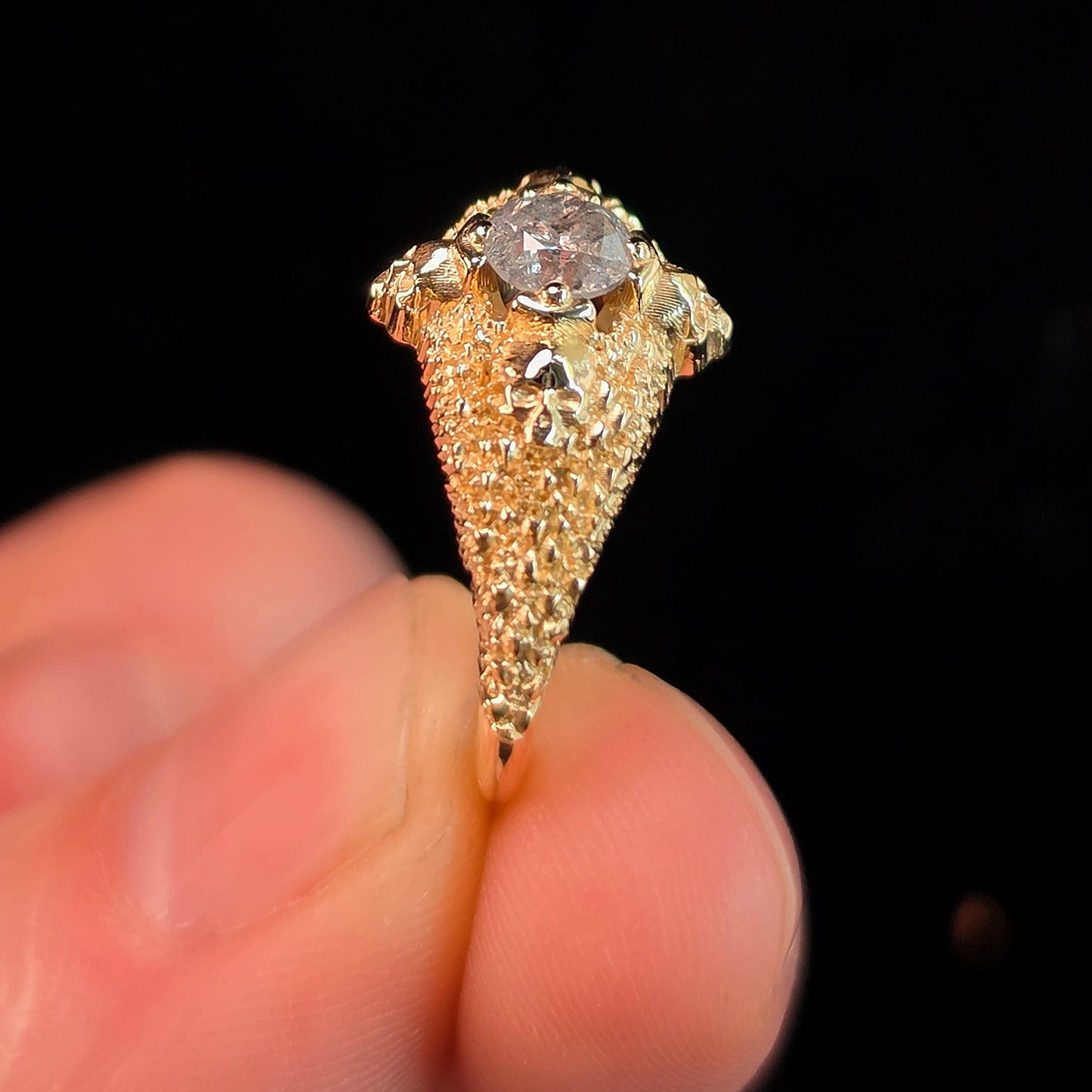 Ready to Ship Size 4.5-6.5 - Catacomb 4 Skull Salt and Pepper Diamond Solitaire Gothic Engagement Ring - 14k Yellow Gold