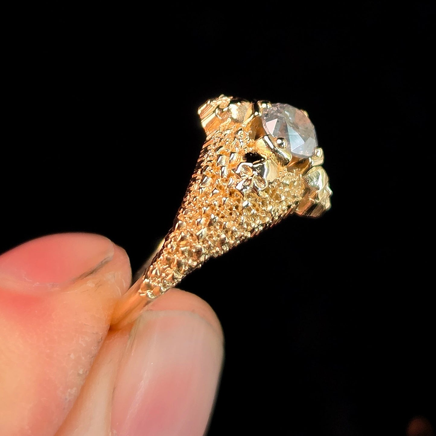 Ready to Ship Size 4.5-6.5 - Catacomb 4 Skull Salt and Pepper Diamond Solitaire Gothic Engagement Ring - 14k Yellow Gold