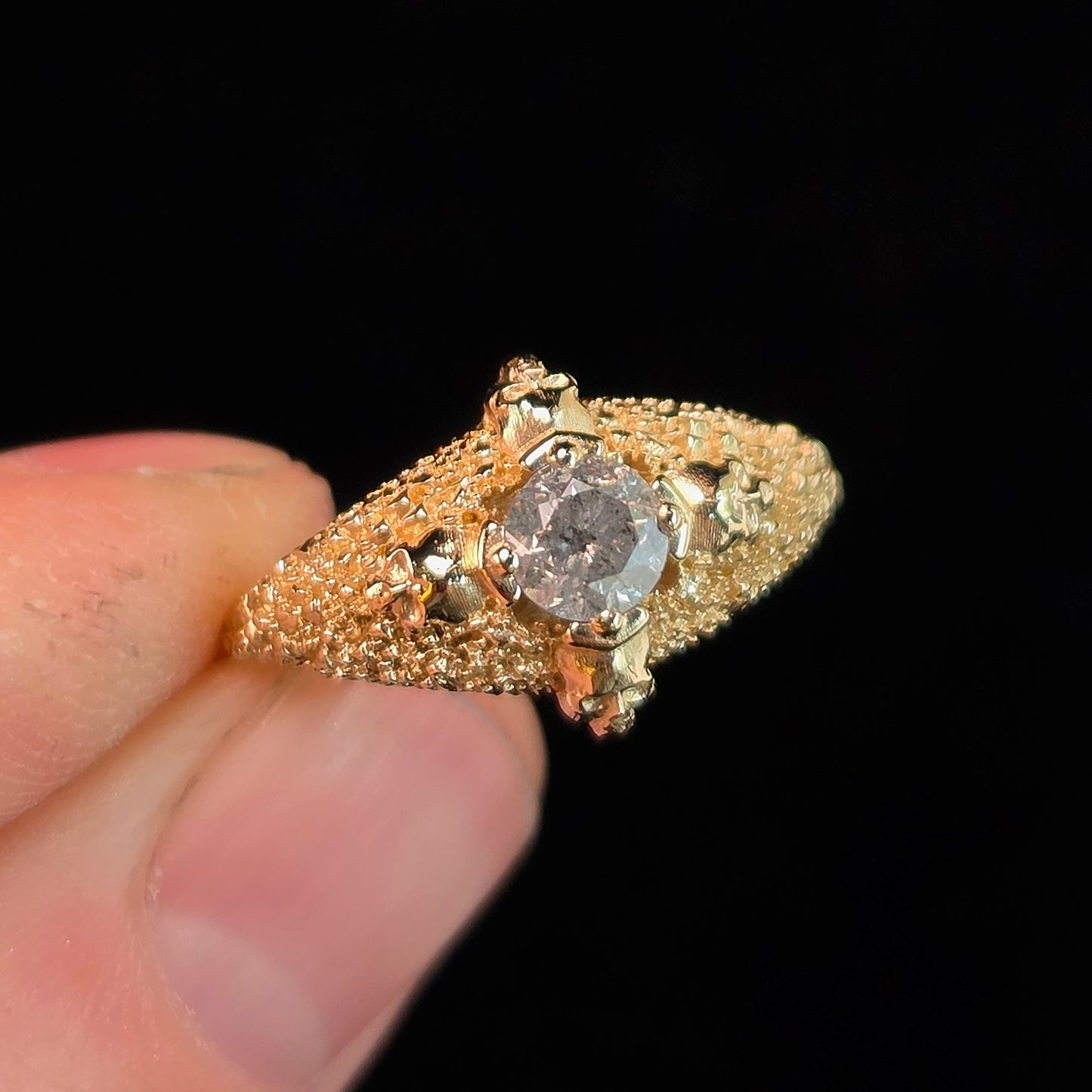 Ready to Ship Size 4.5-6.5 - Catacomb 4 Skull Salt and Pepper Diamond Solitaire Gothic Engagement Ring - 14k Yellow Gold