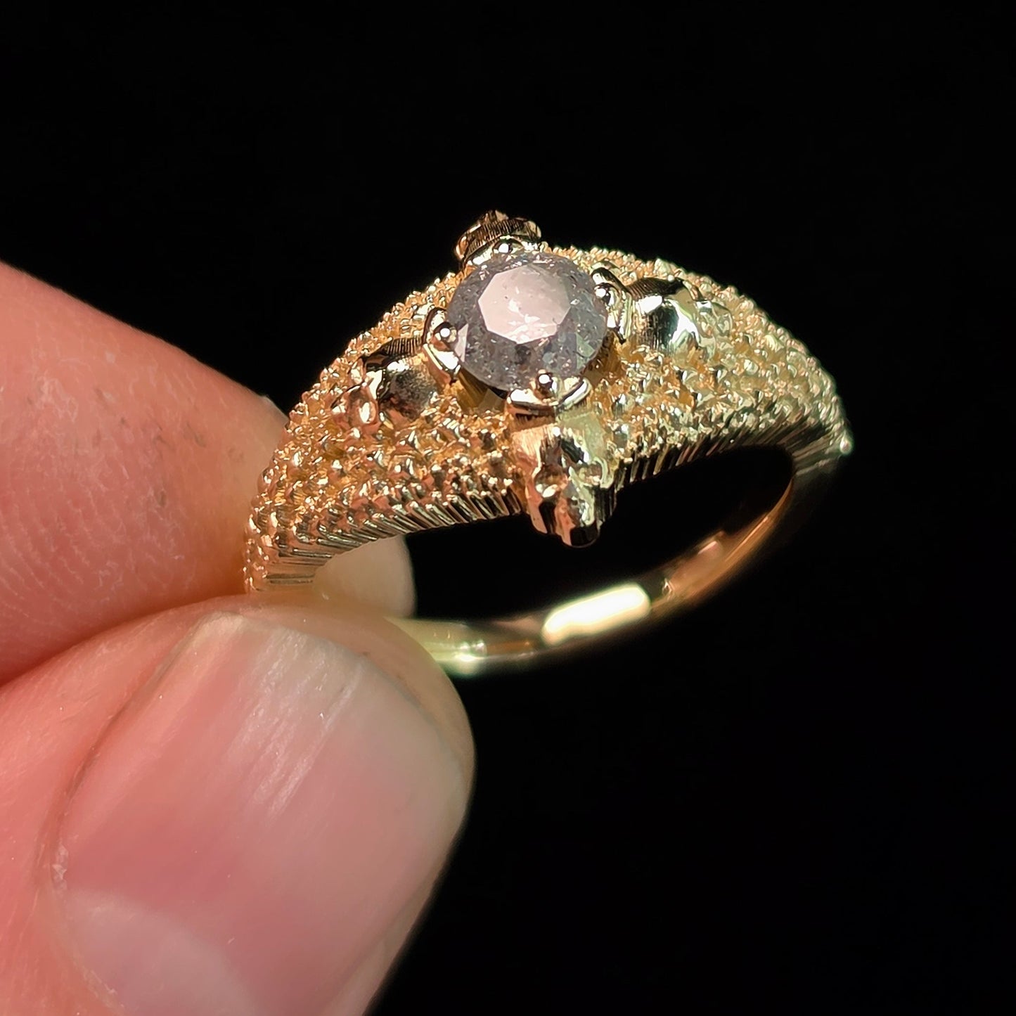 Ready to Ship Size 4.5-6.5 - Catacomb 4 Skull Salt and Pepper Diamond Solitaire Gothic Engagement Ring - 14k Yellow Gold