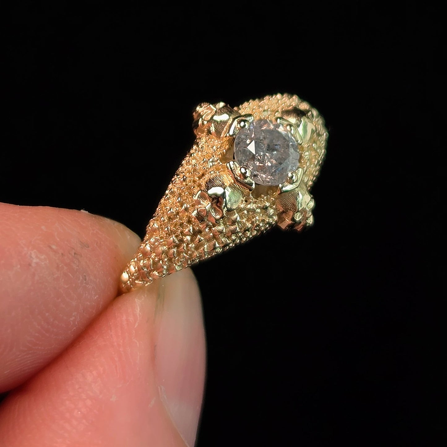 Ready to Ship Size 4.5-6.5 - Catacomb 4 Skull Salt and Pepper Diamond Solitaire Gothic Engagement Ring - 14k Yellow Gold