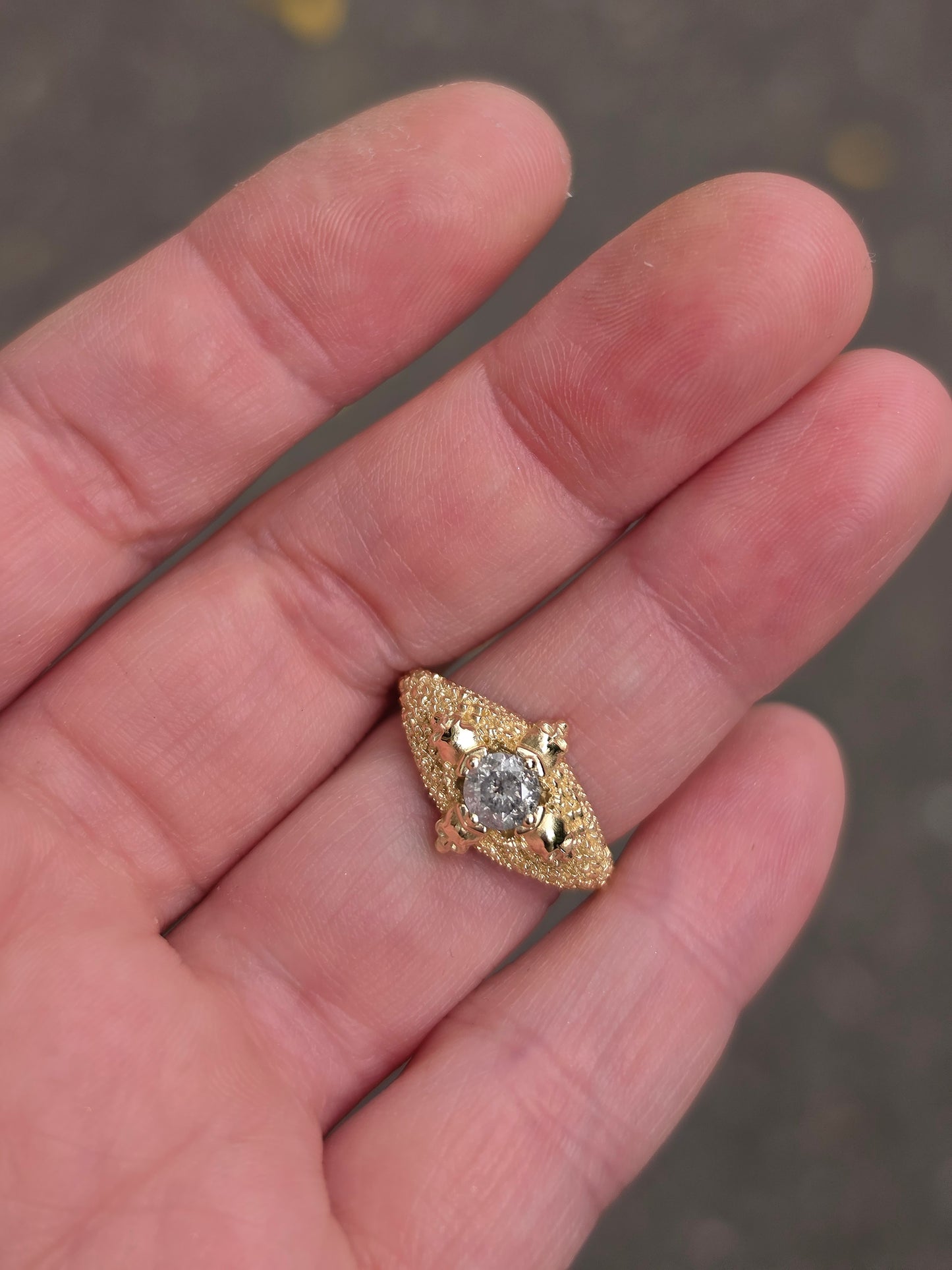 Ready to Ship Size 4.5-6.5 - Catacomb 4 Skull Salt and Pepper Diamond Solitaire Gothic Engagement Ring - 14k Yellow Gold
