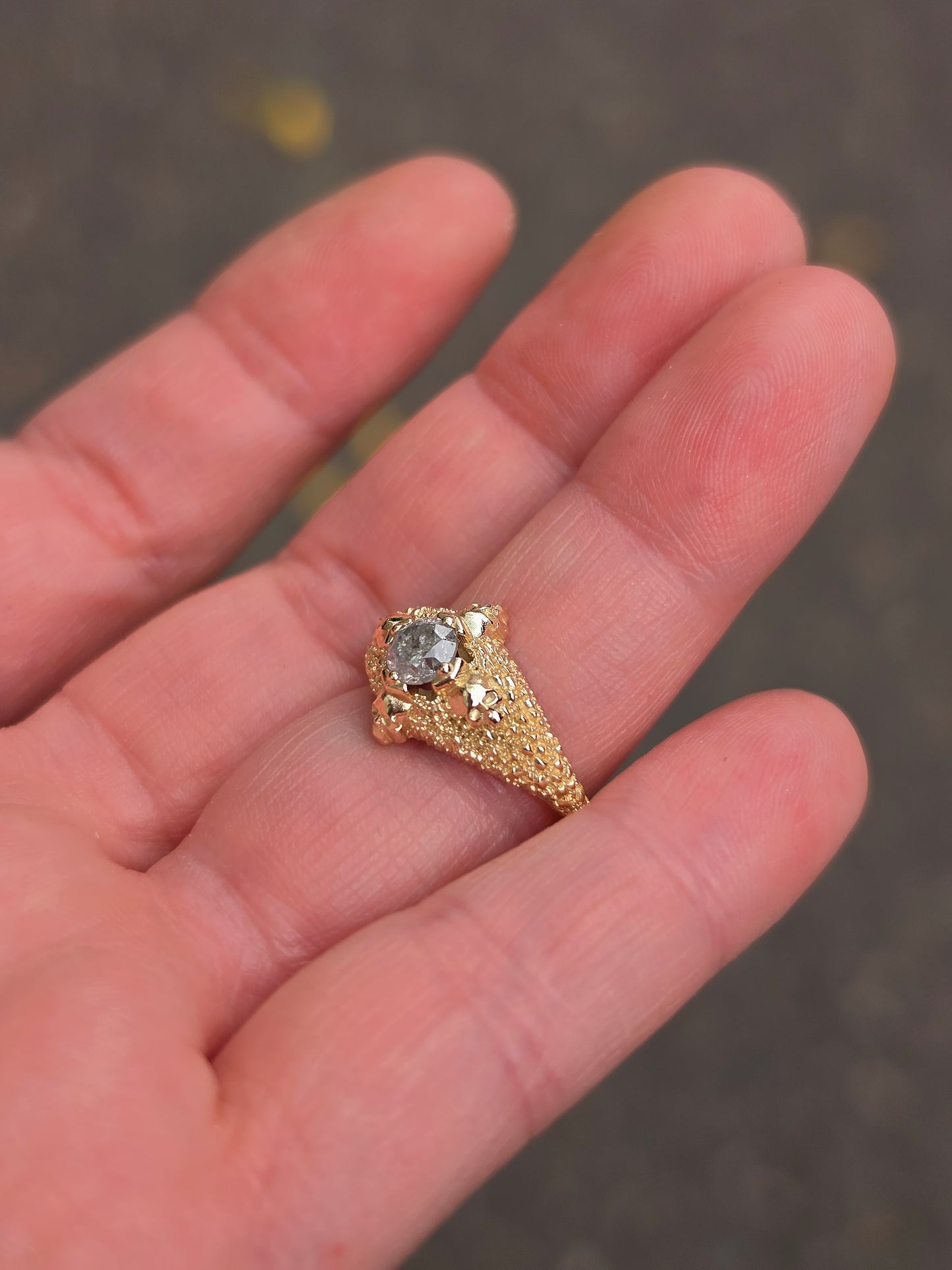 Ready to Ship Size 4.5-6.5 - Catacomb 4 Skull Salt and Pepper Diamond Solitaire Gothic Engagement Ring - 14k Yellow Gold