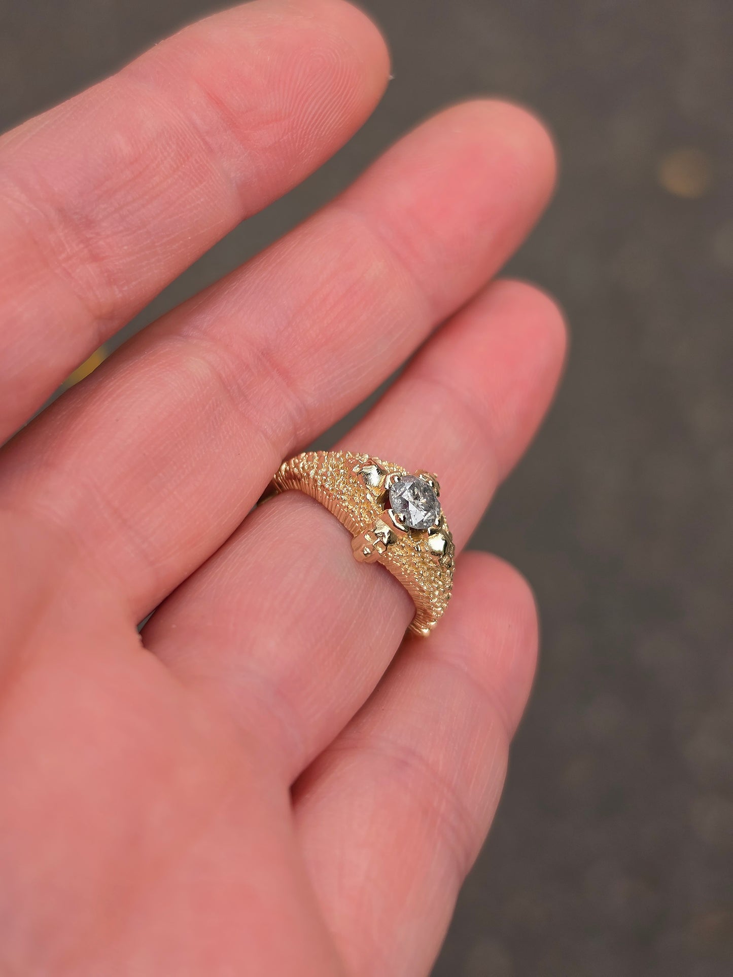 Ready to Ship Size 4.5-6.5 - Catacomb 4 Skull Salt and Pepper Diamond Solitaire Gothic Engagement Ring - 14k Yellow Gold