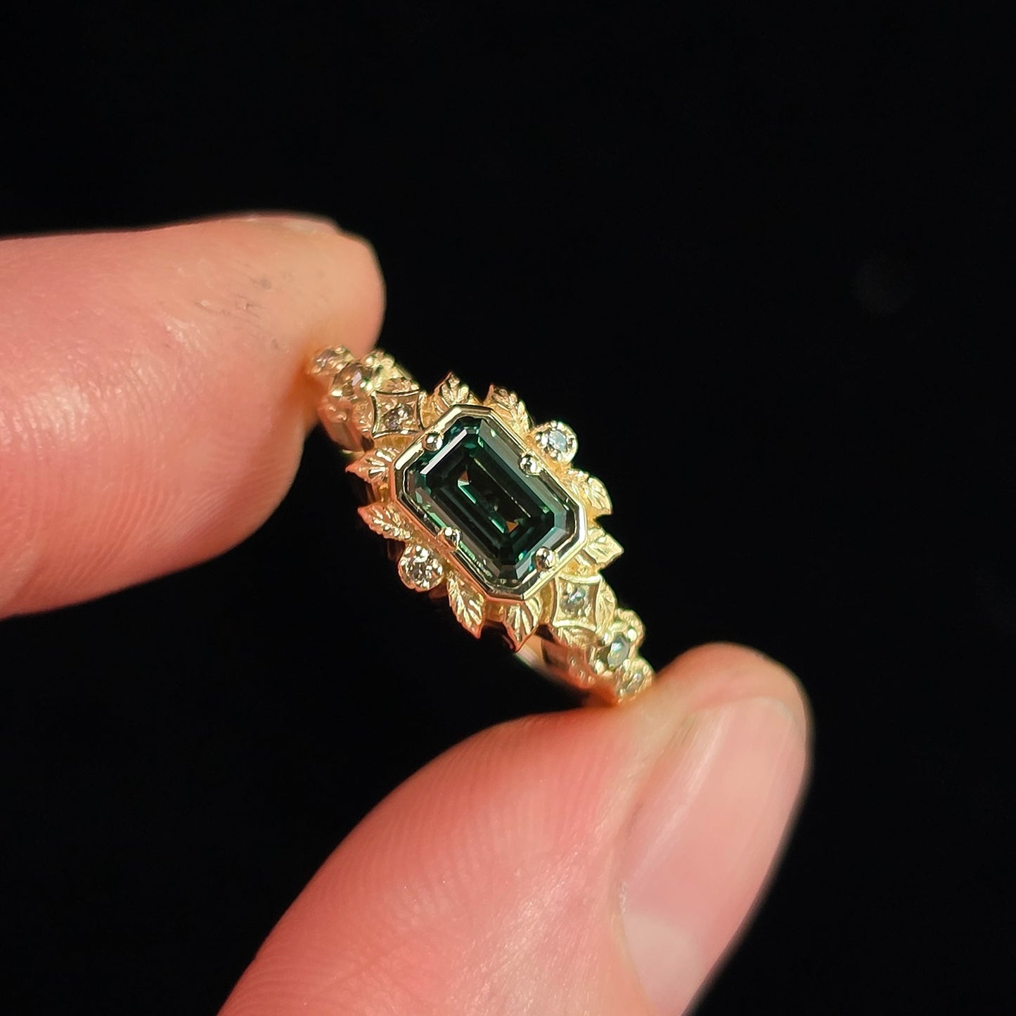 Ready to Ship Size 4 - 6 Florence Emerald Cut Green Diamond Leaf Ring